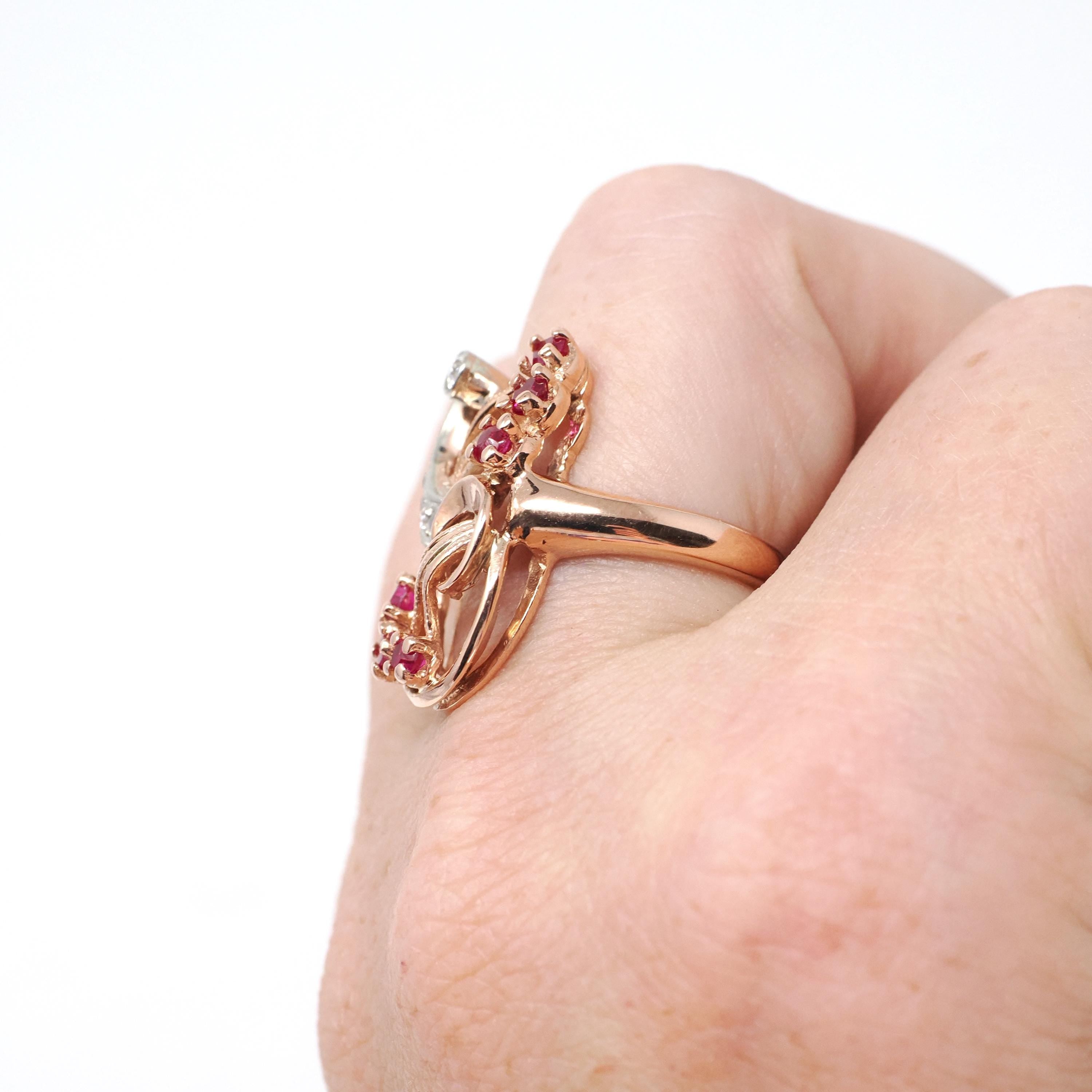 Mid Century Cocktail Ring - Vintage 14k Rose Gold Natural .14 CTW Diamonds Created Ruby Gems - Circa 1940s Era Size 6.25 Swirl Fine Jewelry