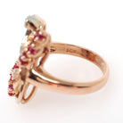 Mid Century Cocktail Ring - Vintage 14k Rose Gold Natural .14 CTW Diamonds Created Ruby Gems - Circa 1940s Era Size 6.25 Swirl Fine Jewelry