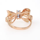 Vintage Bow Ring - Mid Century 10k Rose Gold Created Blue Spinel Gemstone Trio - Circa 1940s Era Size 5 1/2 Fine Dainty Ribbon 40s Jewelry