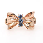 Vintage Bow Ring - Mid Century 10k Rose Gold Created Blue Spinel Gemstone Trio - Circa 1940s Era Size 5 1/2 Fine Dainty Ribbon 40s Jewelry