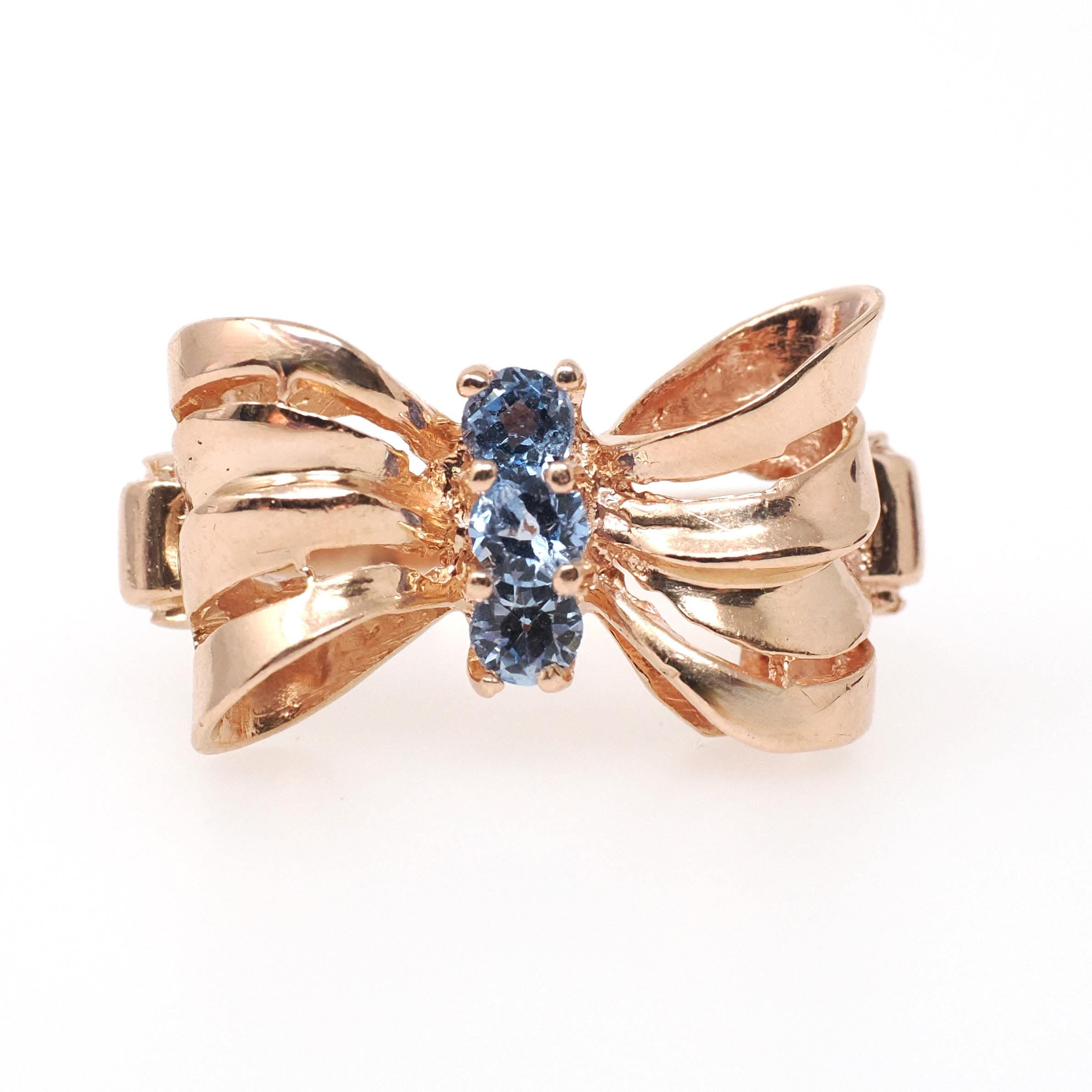 Vintage Bow Ring - Mid Century 10k Rose Gold Created Blue Spinel Gemstone Trio - Circa 1940s Era Size 5 1/2 Fine Dainty Ribbon 40s Jewelry