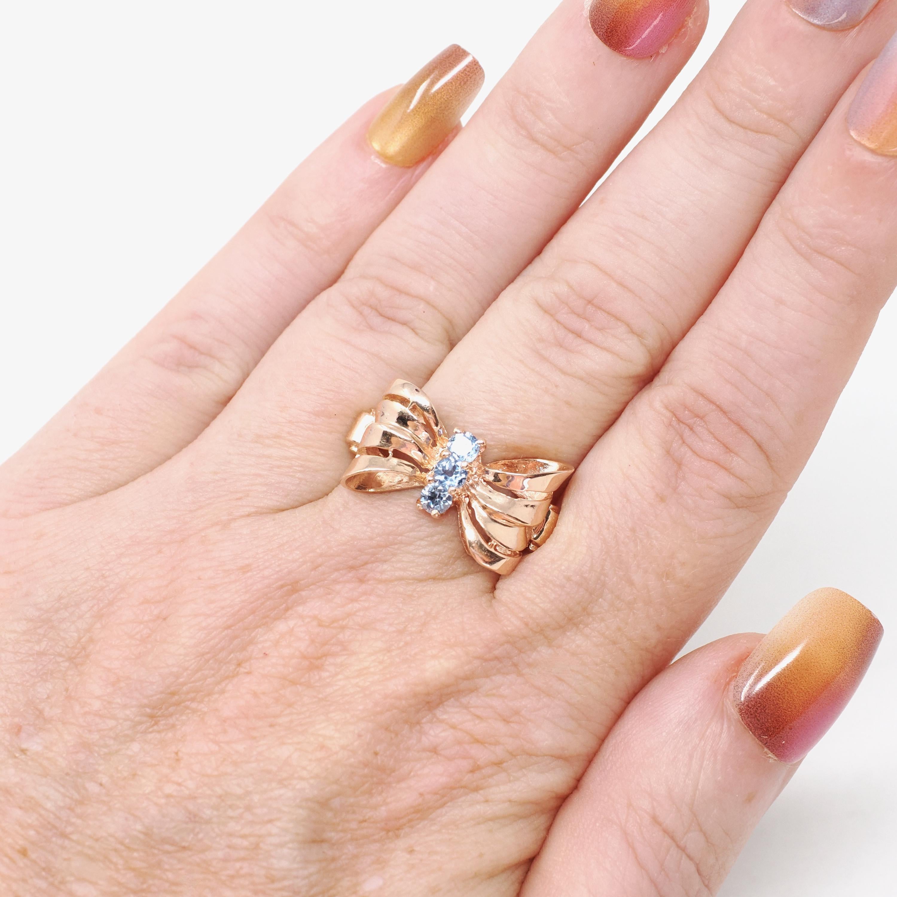 Vintage Bow Ring - Mid Century 10k Rose Gold Created Blue Spinel Gemstone Trio - Circa 1940s Era Size 5 1/2 Fine Dainty Ribbon 40s Jewelry
