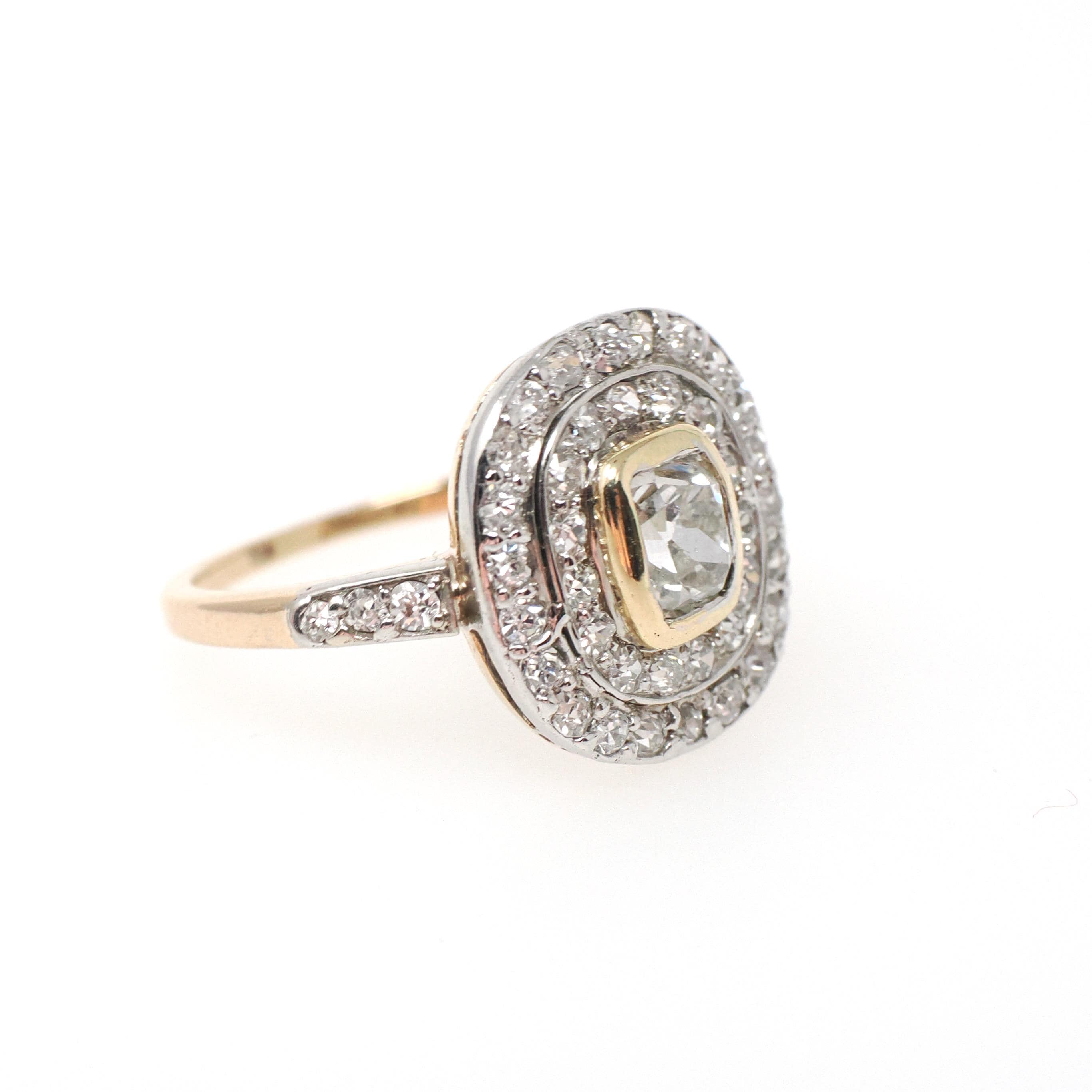 Antique Diamond Ring - Antique 14k White & 8k Yellow Gold 1.33 CTW Old Mine Cut Halo Cluster - Circa 1920s Size 6 1/2 Fine Two Tone Jewelry