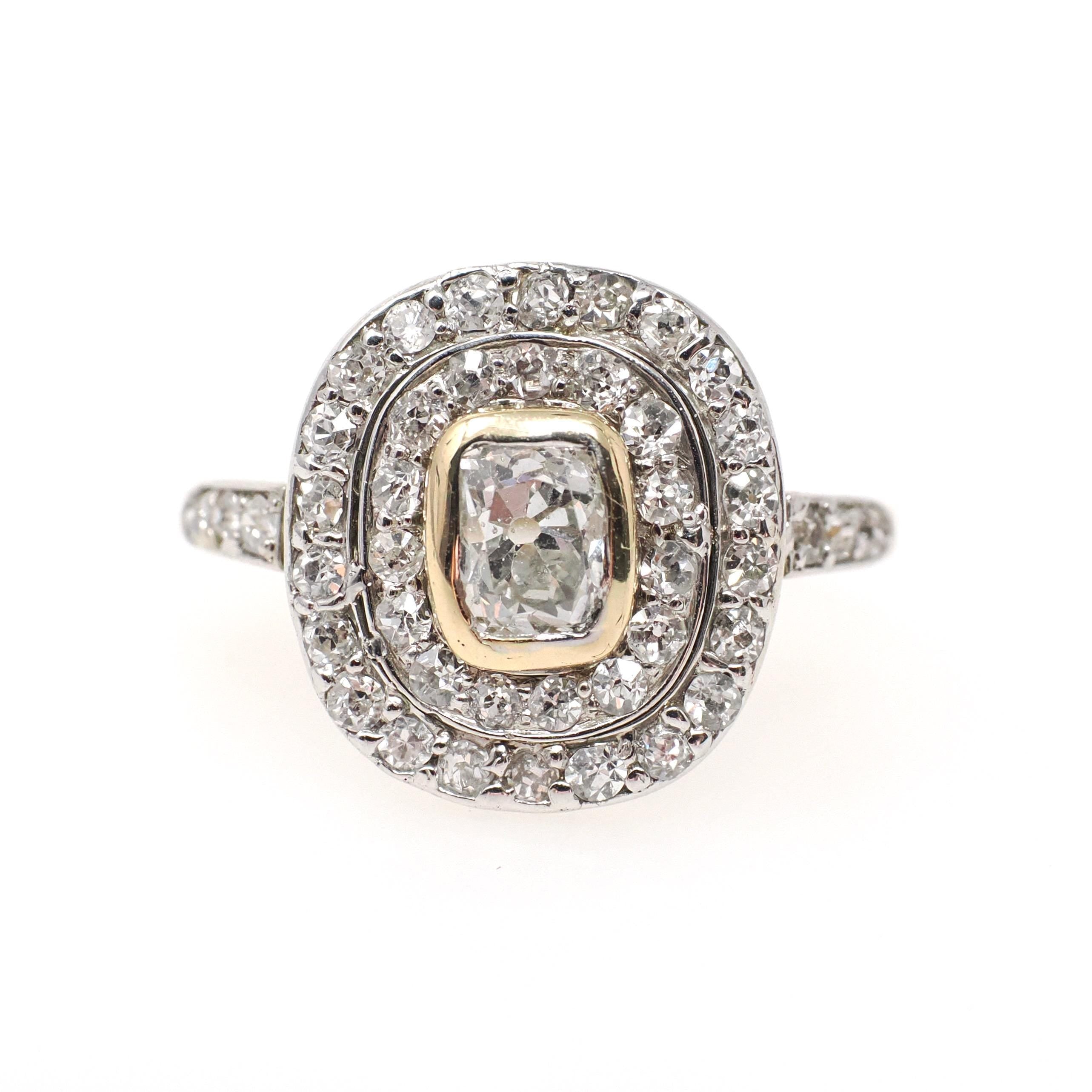 Antique Diamond Ring - Antique 14k White & 8k Yellow Gold 1.33 CTW Old Mine Cut Halo Cluster - Circa 1920s Size 6 1/2 Fine Two Tone Jewelry