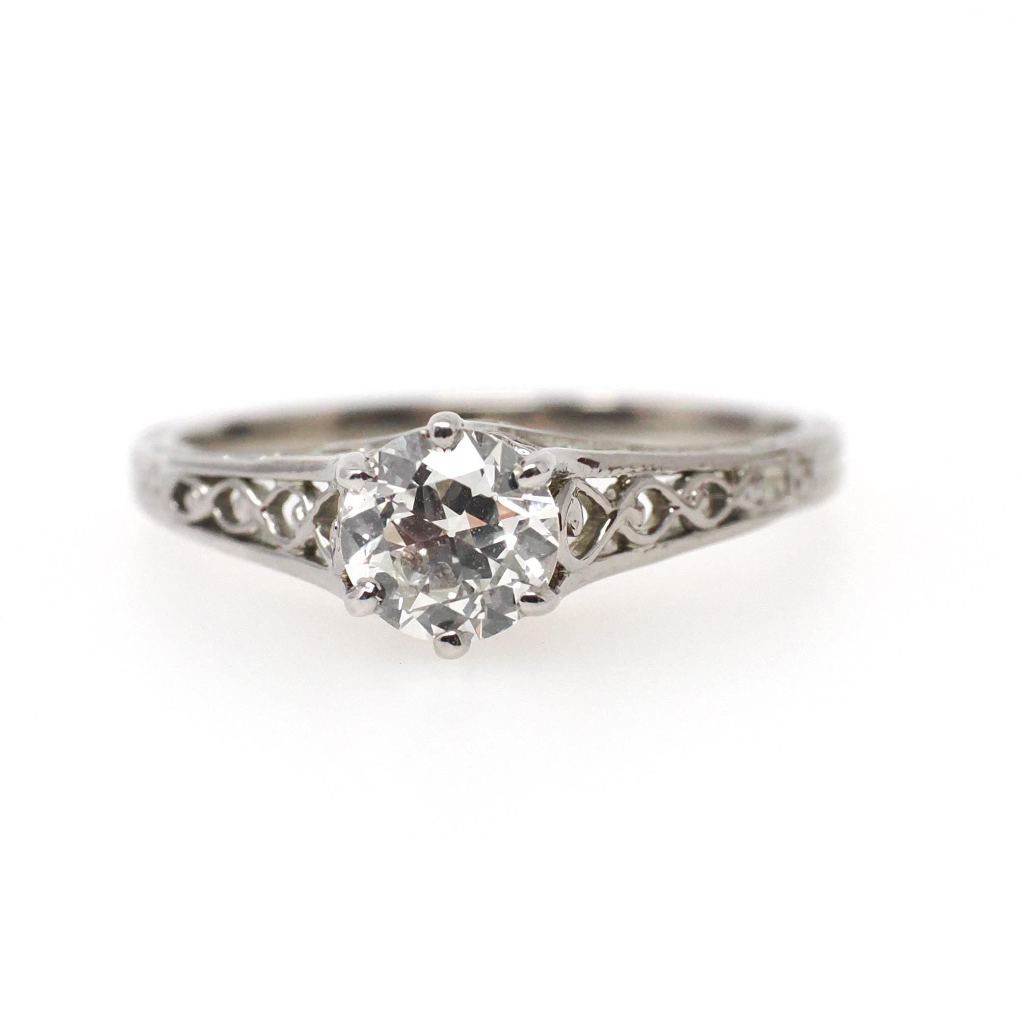 Vintage Diamond Ring - Art Deco 18k White Gold Natural .59 CT Gem Solitaire Engagement - Circa 1930s Era Size 6 1/4 Filigree Fine Jewelry