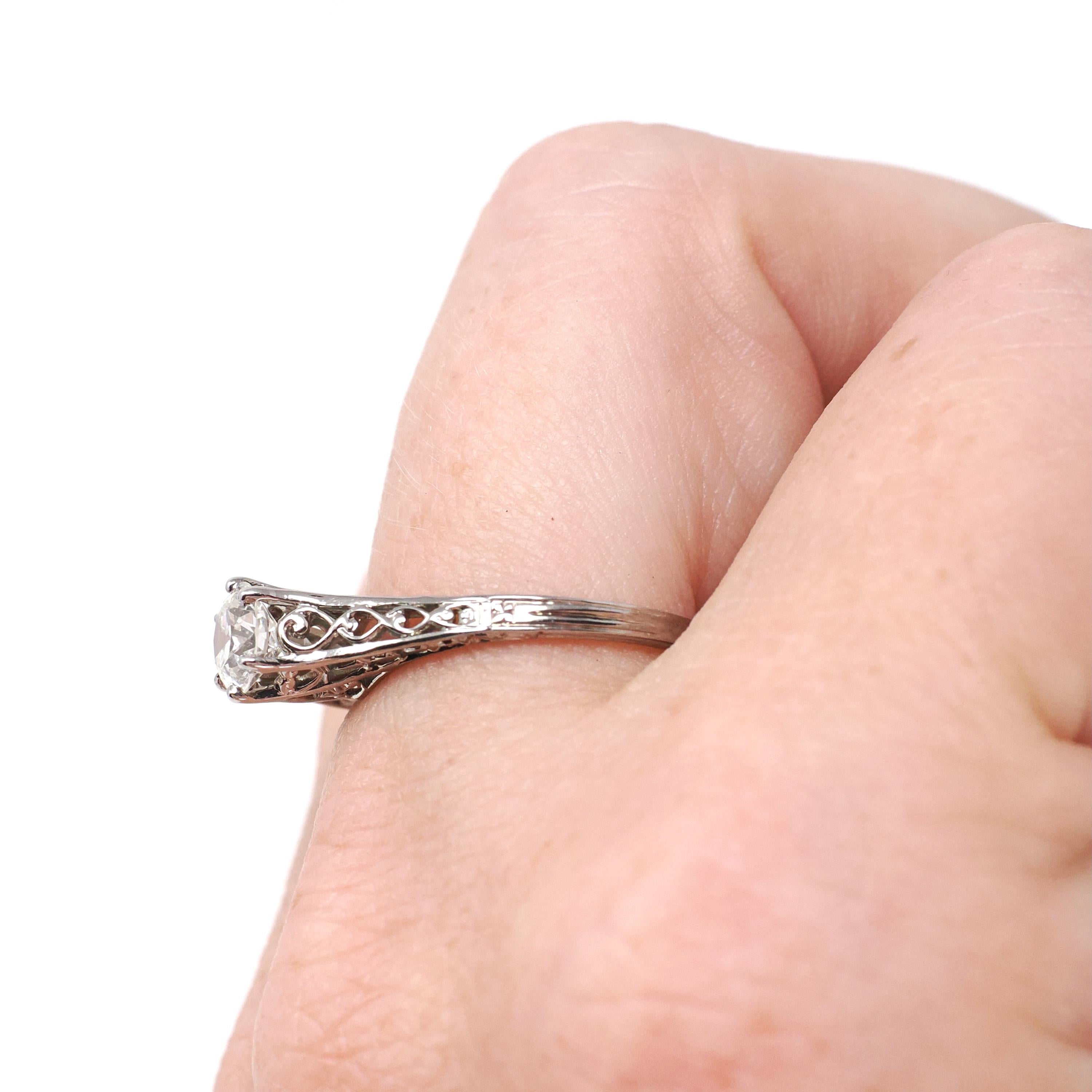 Vintage Diamond Ring - Art Deco 18k White Gold Natural .59 CT Gem Solitaire Engagement - Circa 1930s Era Size 6 1/4 Filigree Fine Jewelry