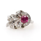 Mid Century Ruby Ring - Vintage 14k White Gold Nature Inspired Diamond Cluster - Circa 1950s Era Size 6 1/4 July Birthstone Fine Jewelry