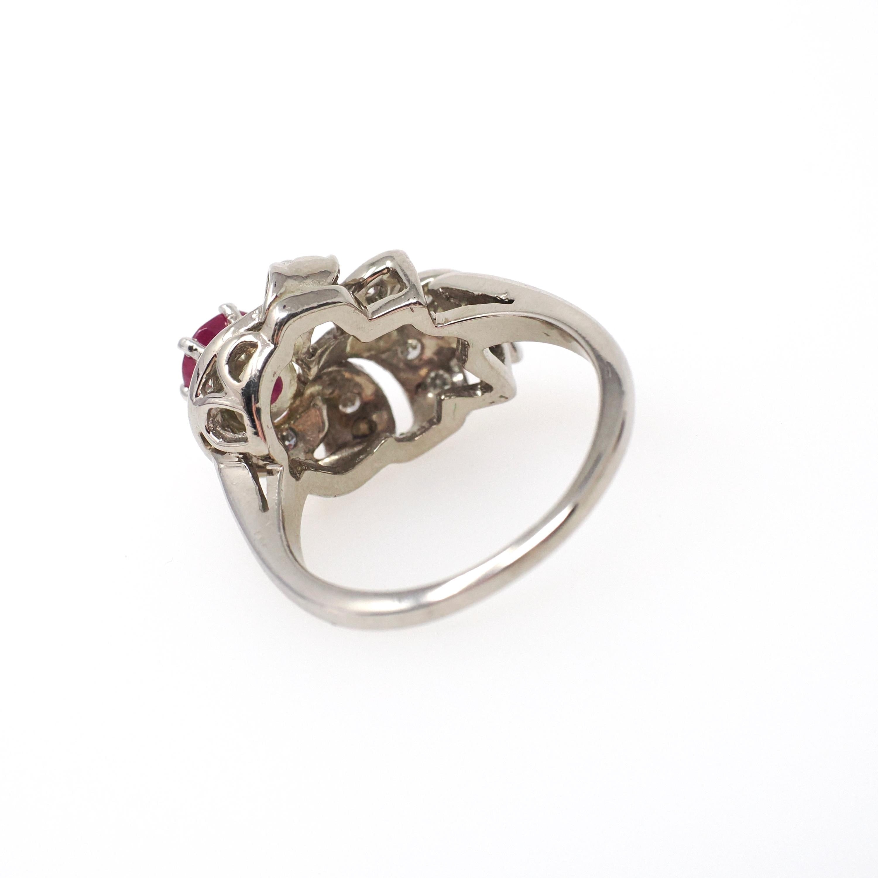 Mid Century Ruby Ring - Vintage 14k White Gold Nature Inspired Diamond Cluster - Circa 1950s Era Size 6 1/4 July Birthstone Fine Jewelry