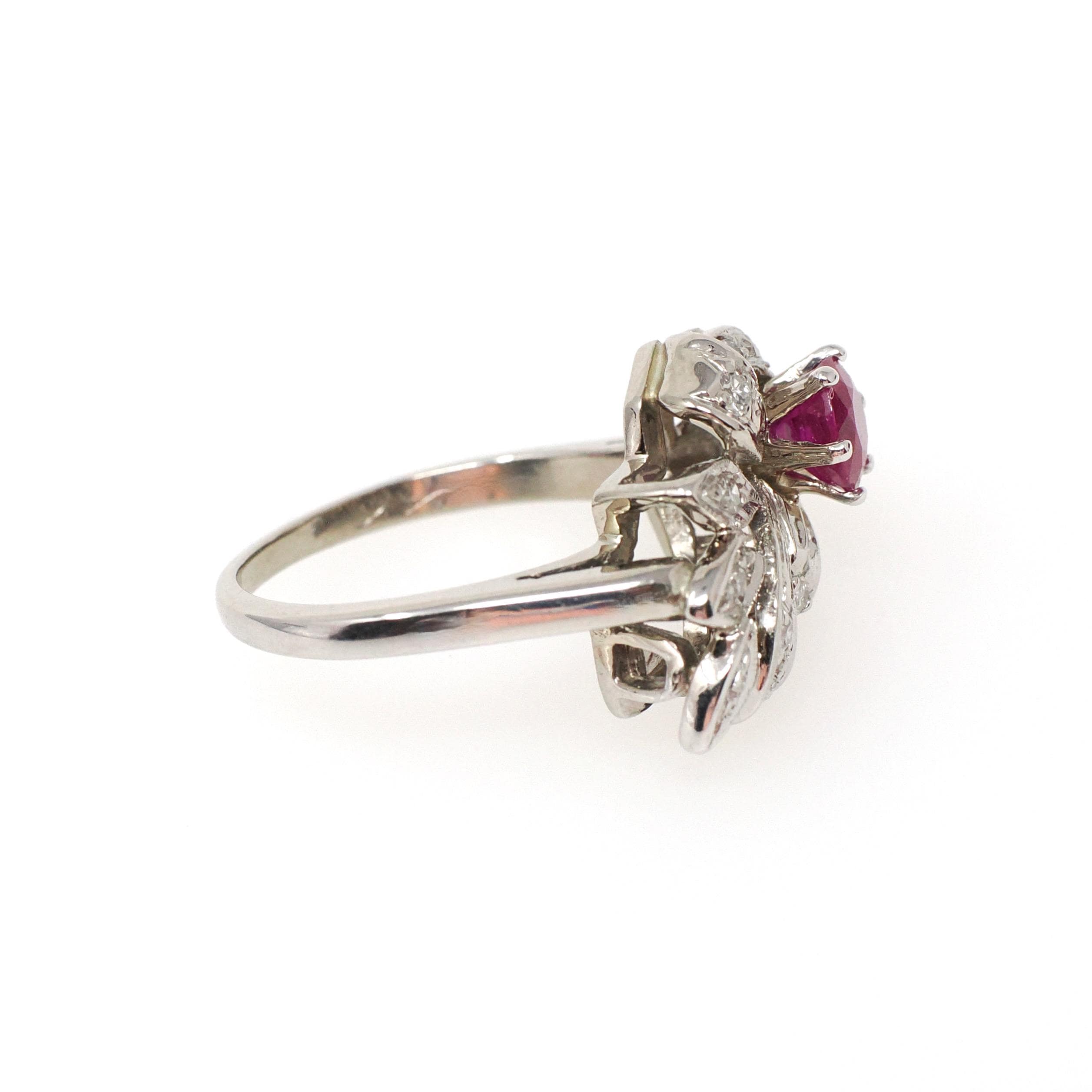 Mid Century Ruby Ring - Vintage 14k White Gold Nature Inspired Diamond Cluster - Circa 1950s Era Size 6 1/4 July Birthstone Fine Jewelry