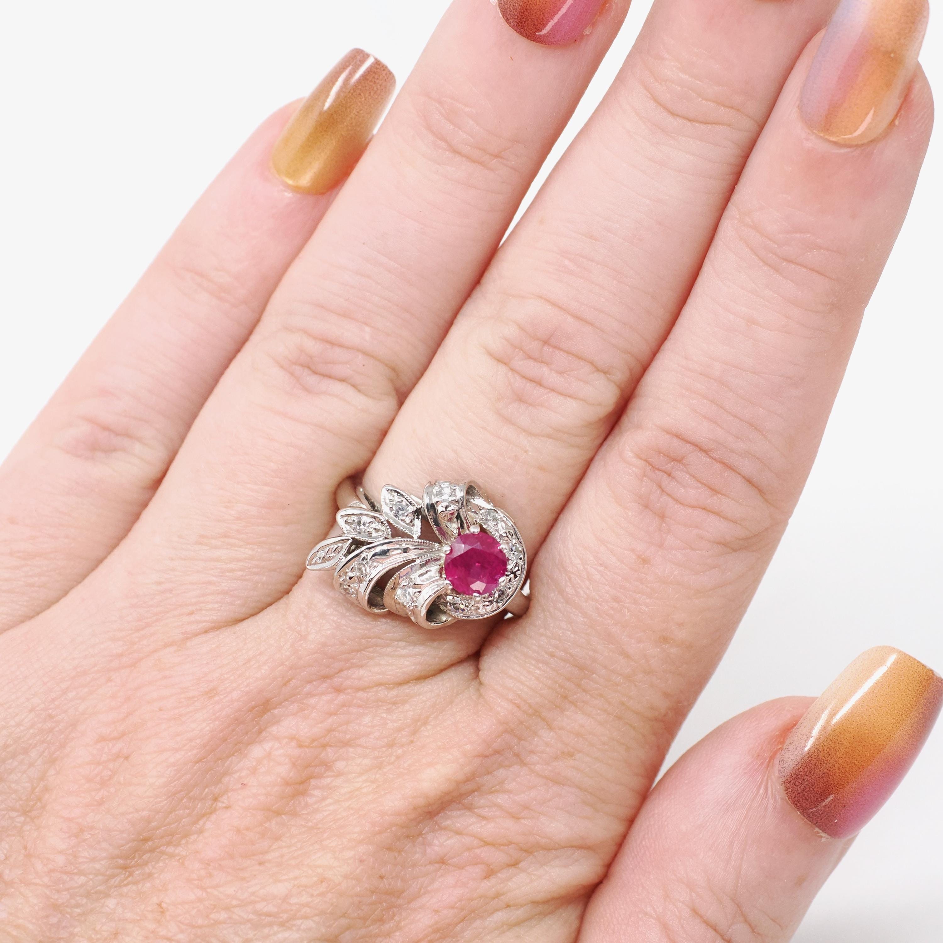 Mid Century Ruby Ring - Vintage 14k White Gold Nature Inspired Diamond Cluster - Circa 1950s Era Size 6 1/4 July Birthstone Fine Jewelry