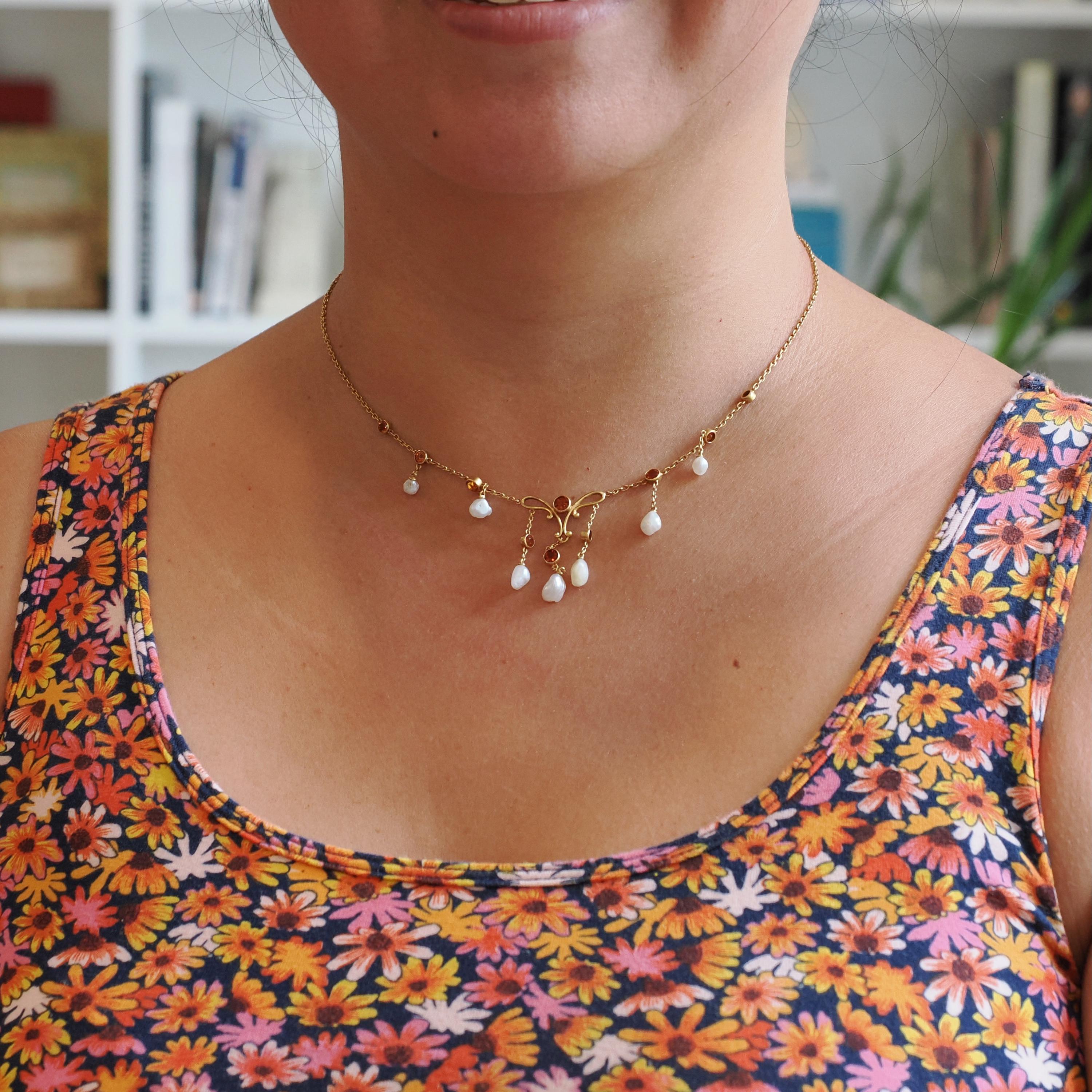 Antique Festoon Necklace - Edwardian 14k Yellow Gold Natural Citrine Gemstones & Baroque Pearls - Art Nouveau Circa 1900s Statement Jewelry