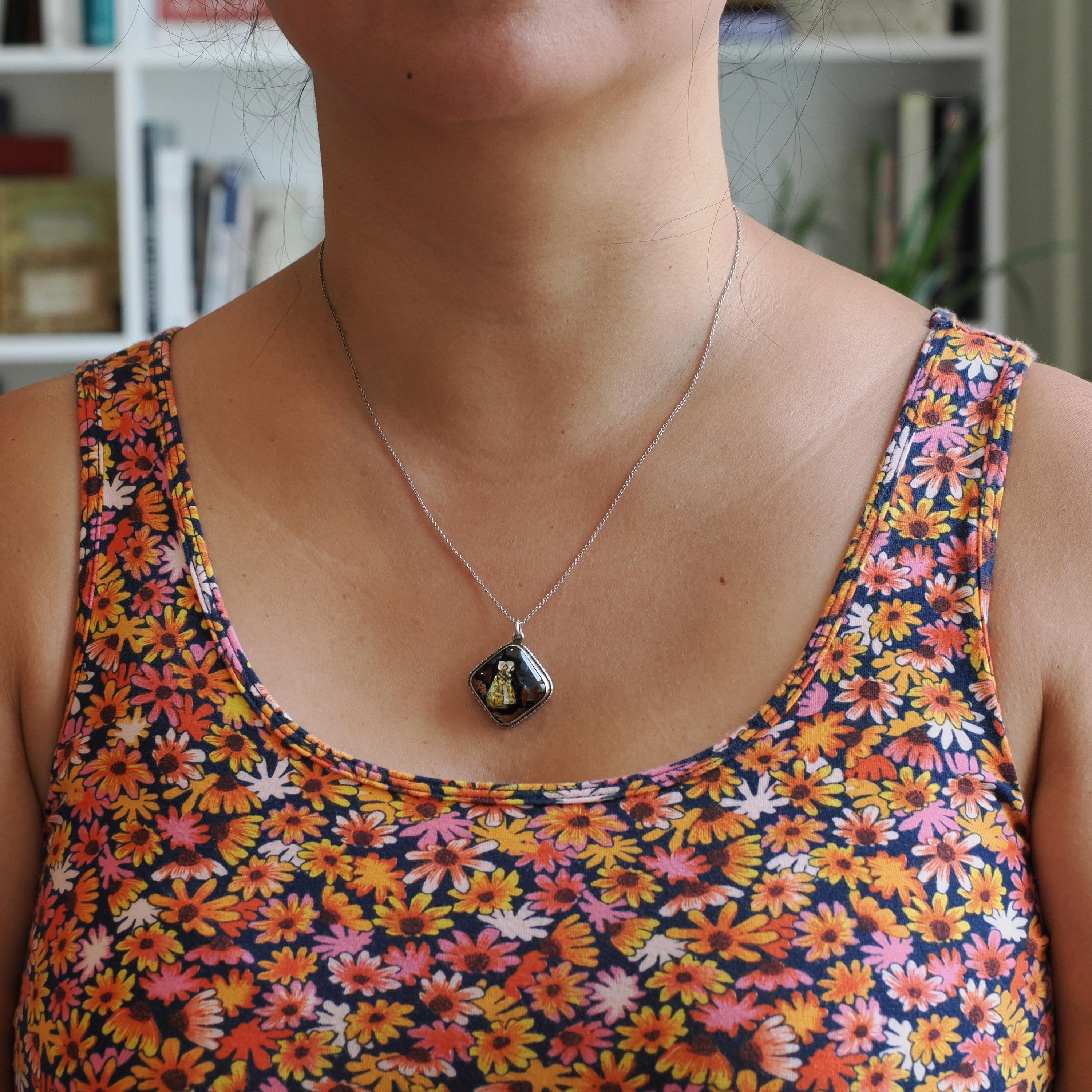 Morpho Butterfly Wing Necklace - Art Deco Sterling Silver Reverse Painted Dutch Girl Charm - Circa 1920s Patented England Opal Inlay Jewelry