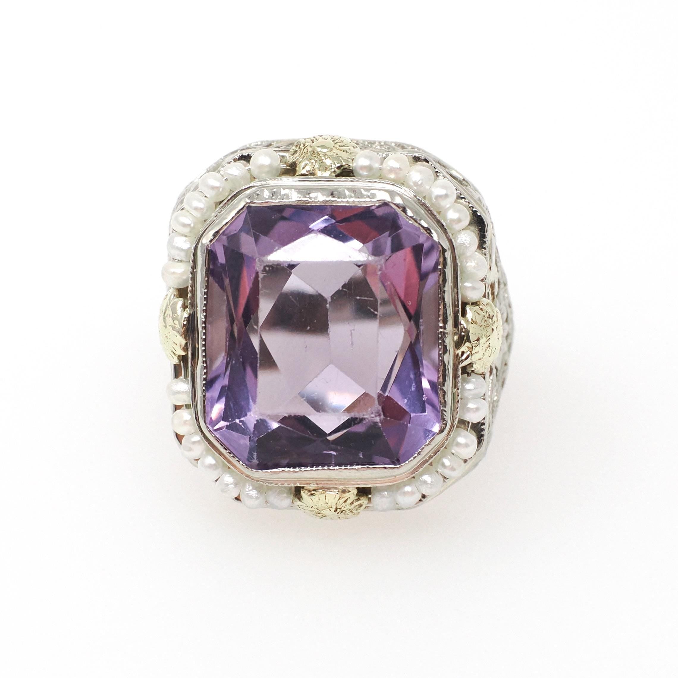 Vintage Amethyst Ring - Art Deco 14k White Gold Filigree Purple Gemstone Seed Pearl Halo - Circa 1930s Size 4 1/2 Fine Statement Jewelry