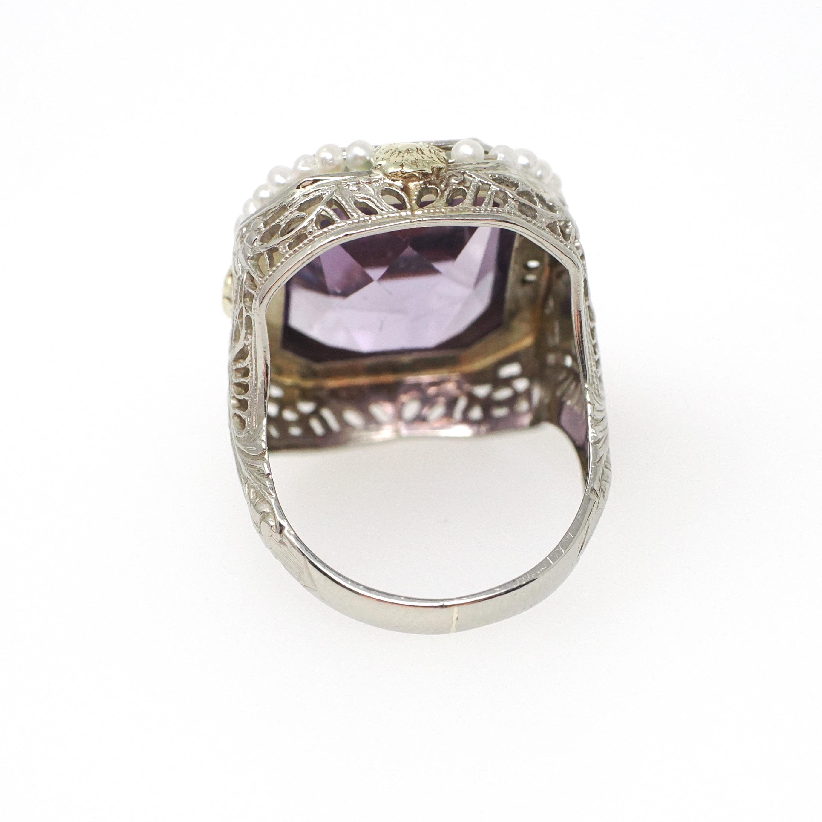 Vintage Amethyst Ring - Art Deco 14k White Gold Filigree Purple Gemstone Seed Pearl Halo - Circa 1930s Size 4 1/2 Fine Statement Jewelry