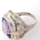 Vintage Amethyst Ring - Art Deco 14k White Gold Filigree Purple Gemstone Seed Pearl Halo - Circa 1930s Size 4 1/2 Fine Statement Jewelry