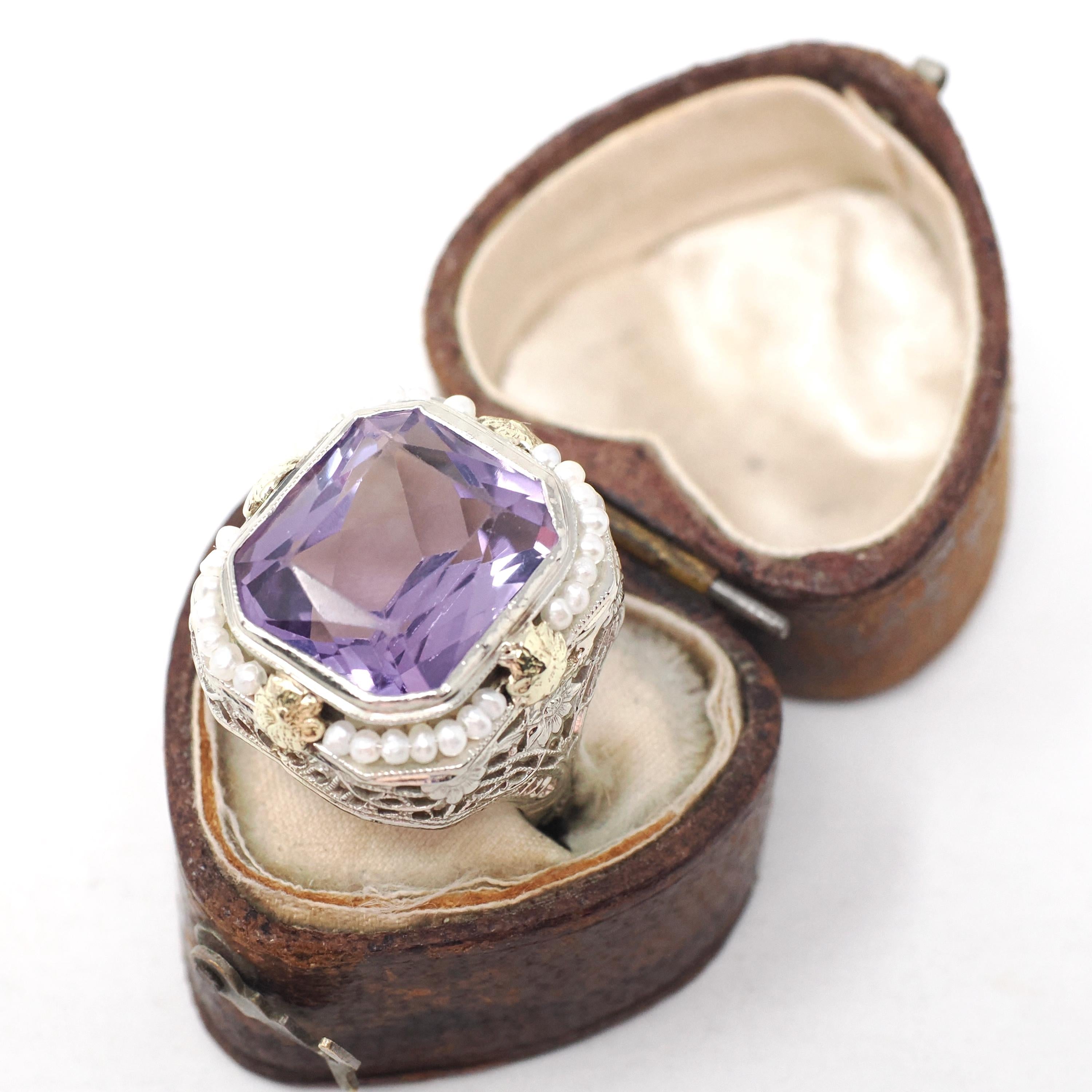 Vintage Amethyst Ring - Art Deco 14k White Gold Filigree Purple Gemstone Seed Pearl Halo - Circa 1930s Size 4 1/2 Fine Statement Jewelry