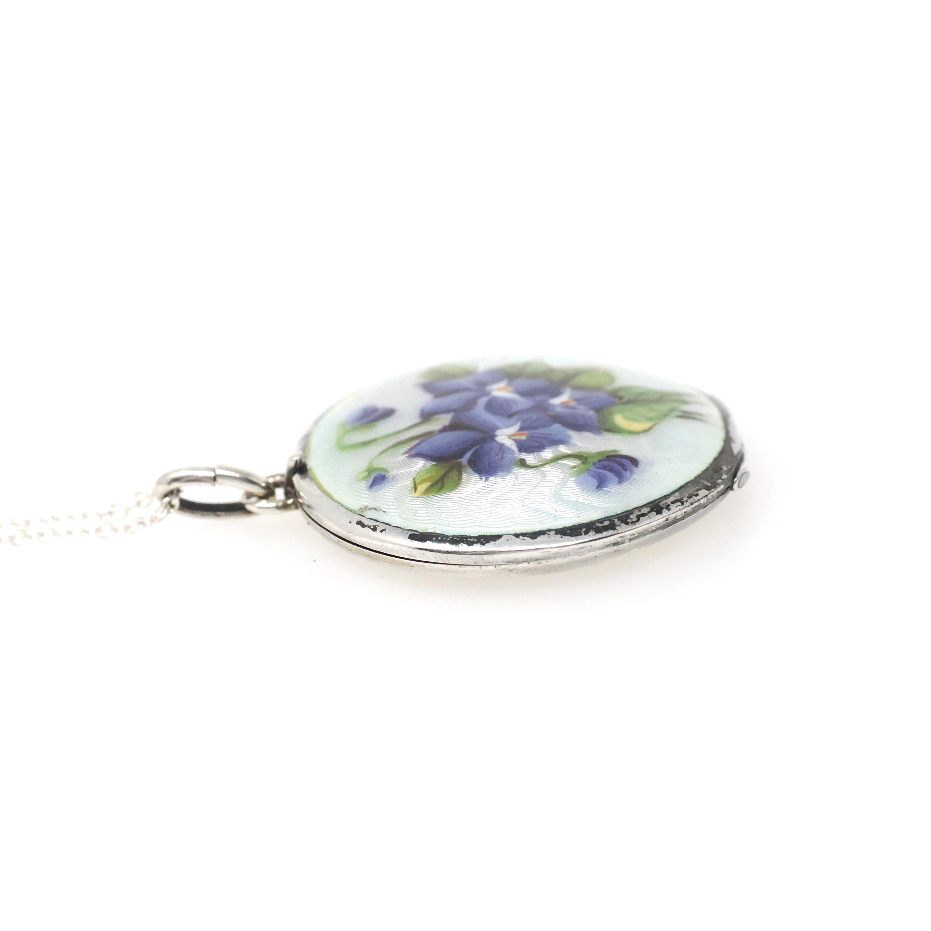 Antique Enamel Flower Locket - Edwardian Sterling Silver Guilloché Keepsake Pendant Necklace - Circa 1910s Original Photograph Fine Jewelry