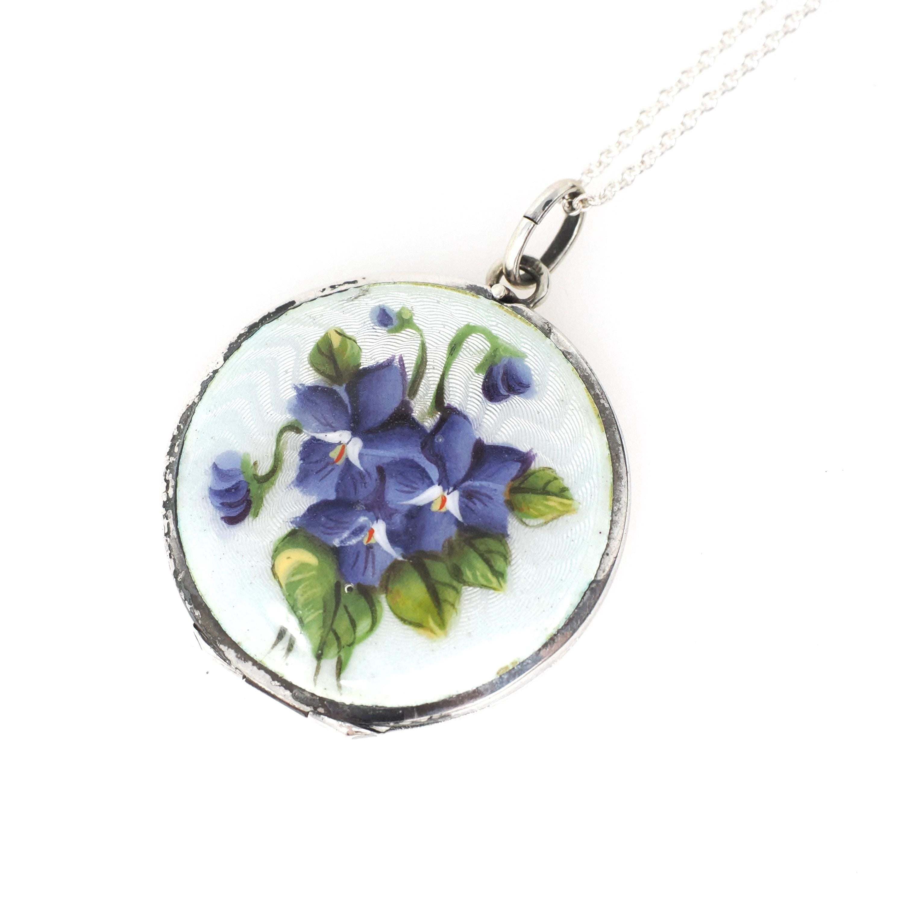 Antique Enamel Flower Locket - Edwardian Sterling Silver Guilloché Keepsake Pendant Necklace - Circa 1910s Original Photograph Fine Jewelry