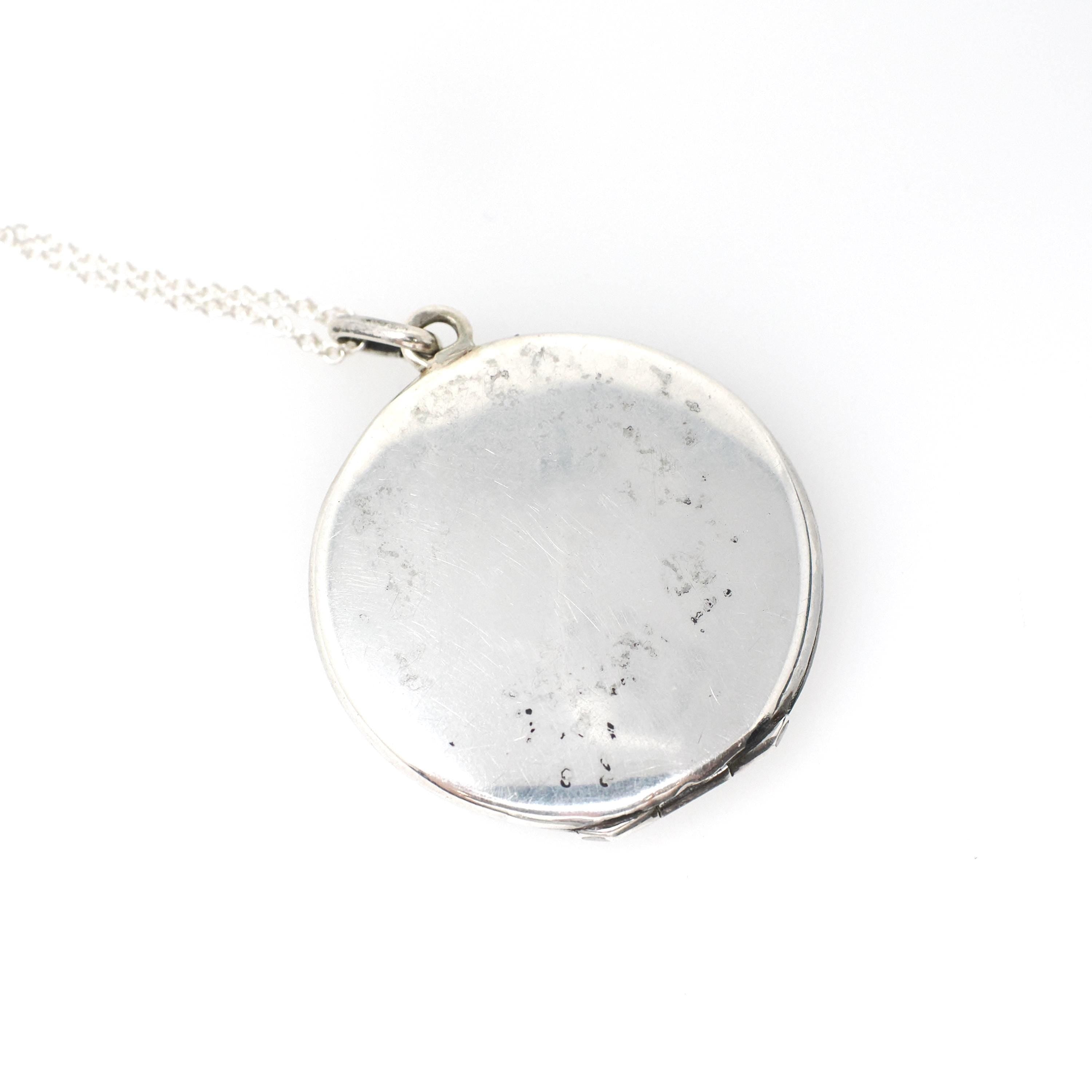 Antique Enamel Flower Locket - Edwardian Sterling Silver Guilloché Keepsake Pendant Necklace - Circa 1910s Original Photograph Fine Jewelry