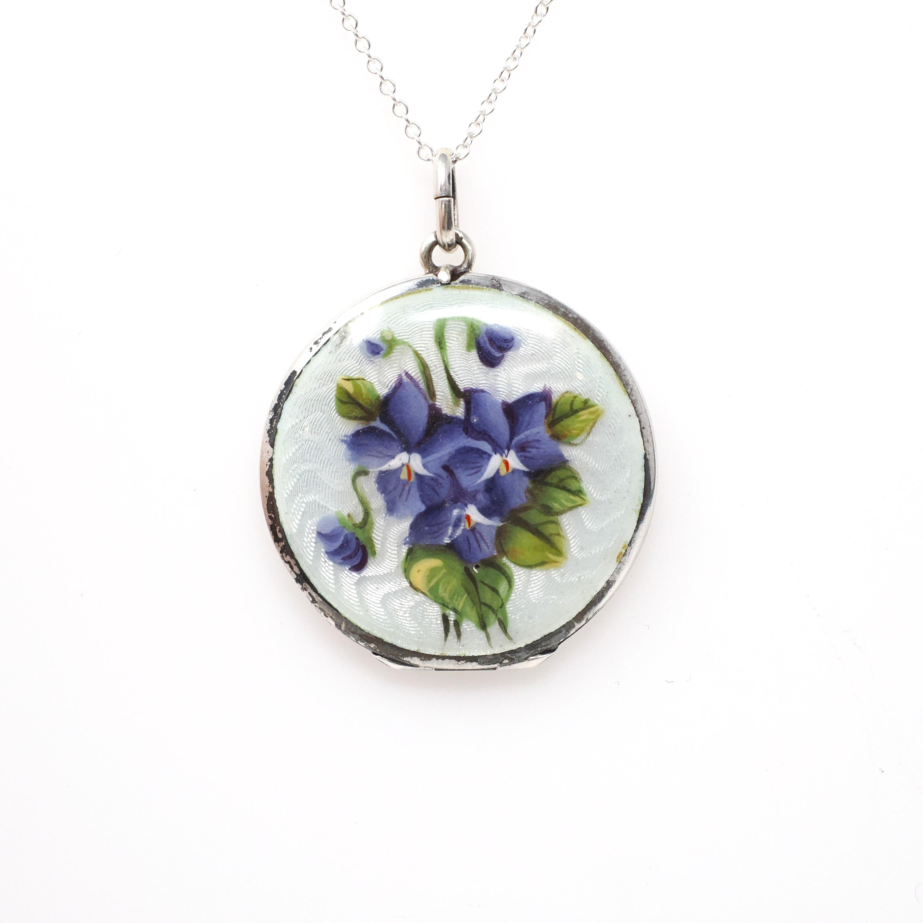 Antique Enamel Flower Locket - Edwardian Sterling Silver Guilloché Keepsake Pendant Necklace - Circa 1910s Original Photograph Fine Jewelry