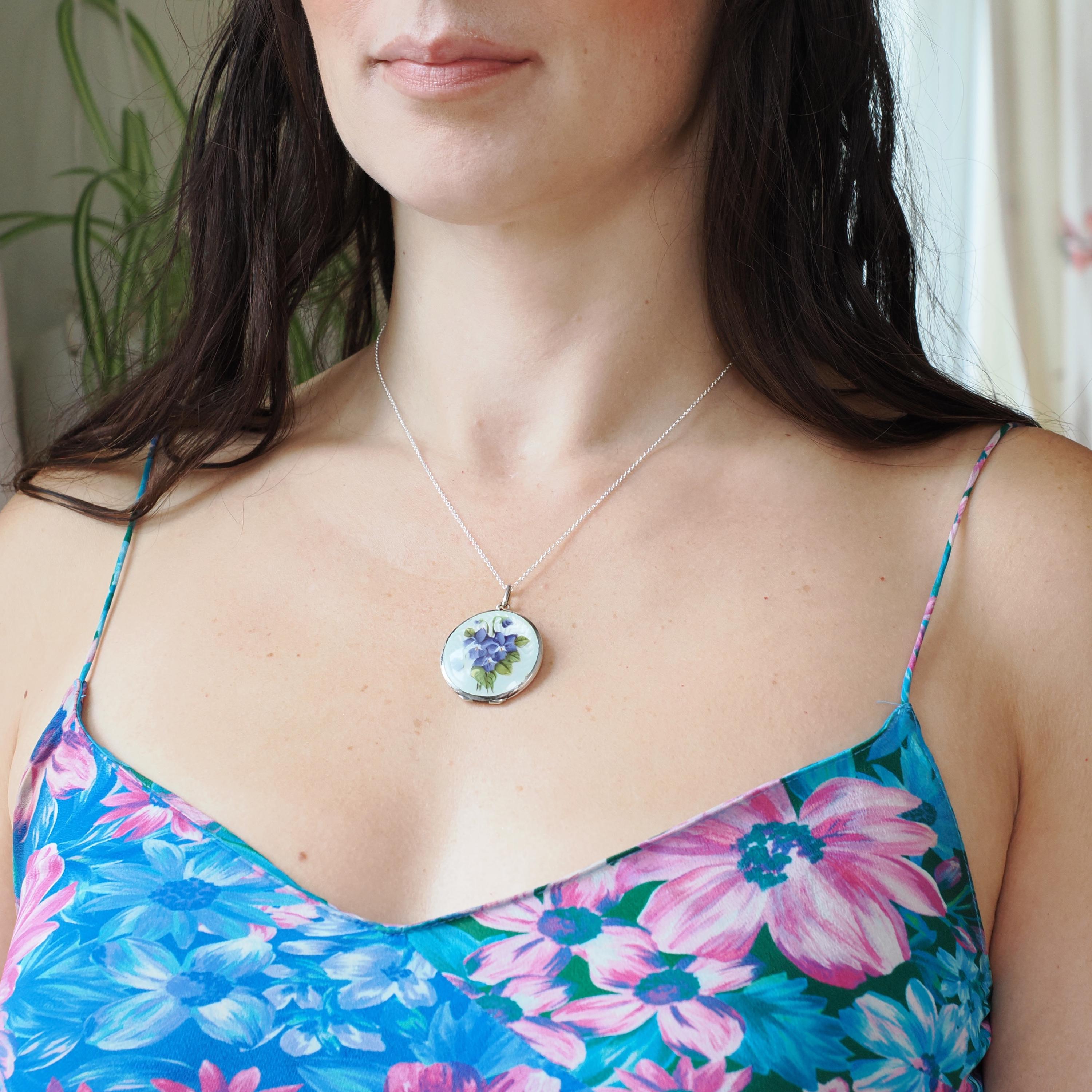 Antique Enamel Flower Locket - Edwardian Sterling Silver Guilloché Keepsake Pendant Necklace - Circa 1910s Original Photograph Fine Jewelry