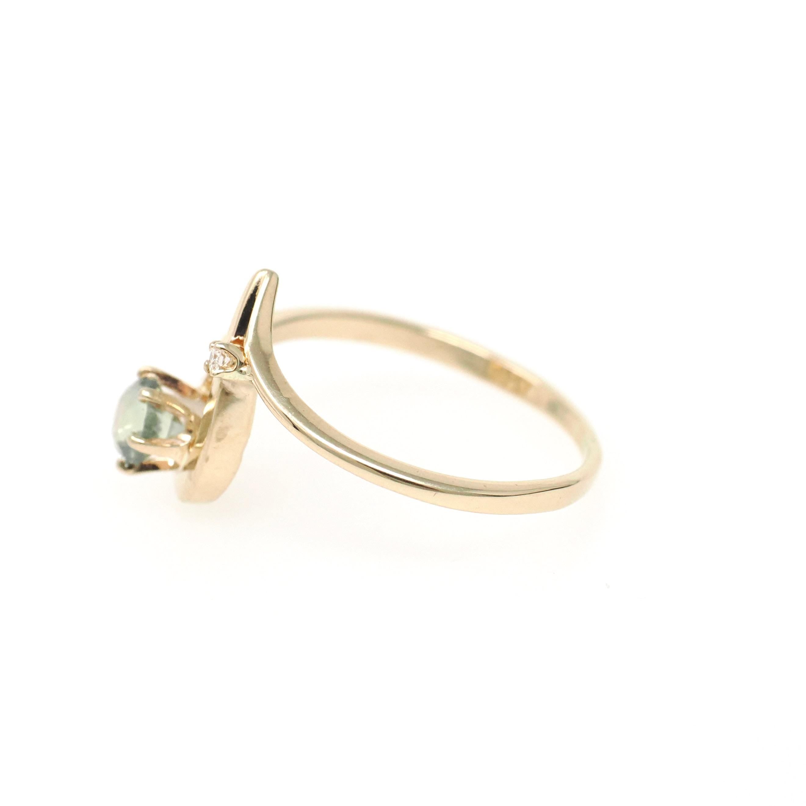 Modern Sapphire Ring - Estate 14k Yellow Gold Natural Green .68 CT Gemstone - Circa 1990s Size 8 3/4 Diamond Accent Fine Statement Jewelry
