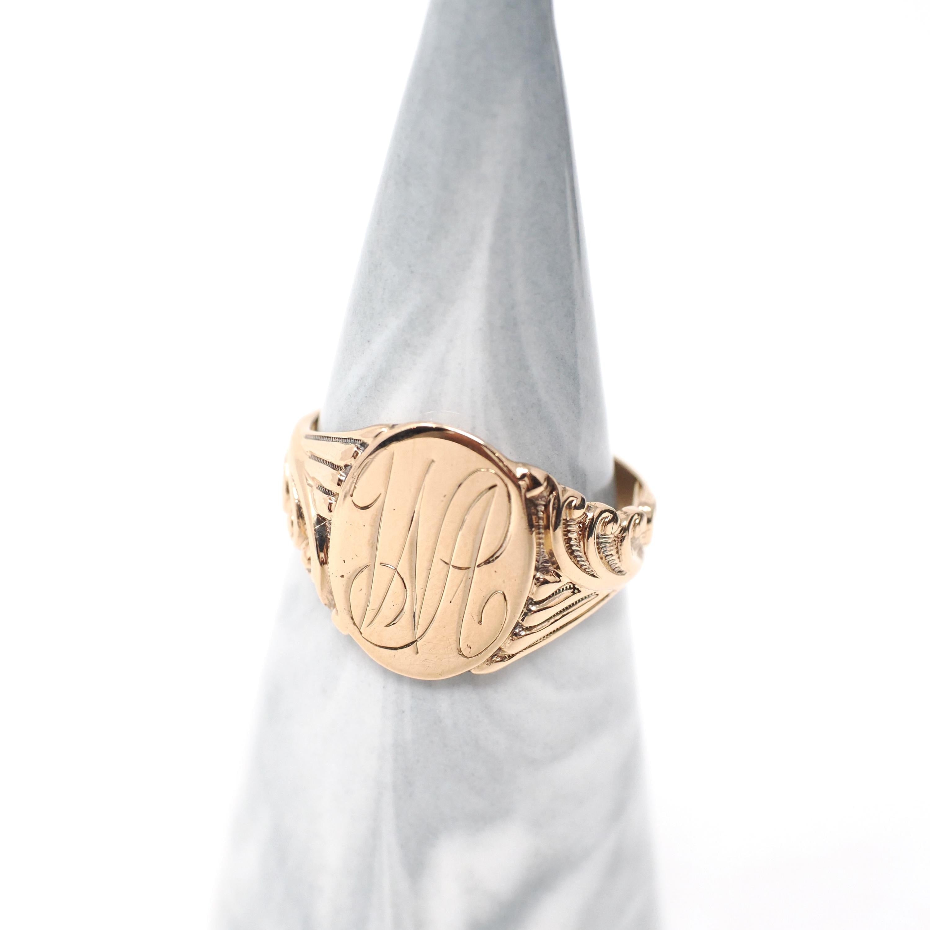 Edwardian Signet Ring - Antique 10k Yellow Gold Oval "WA" Engraved Initial Letters - Vintage 1910s Size 8 3/4 Fine Men's Unisex Jewelry