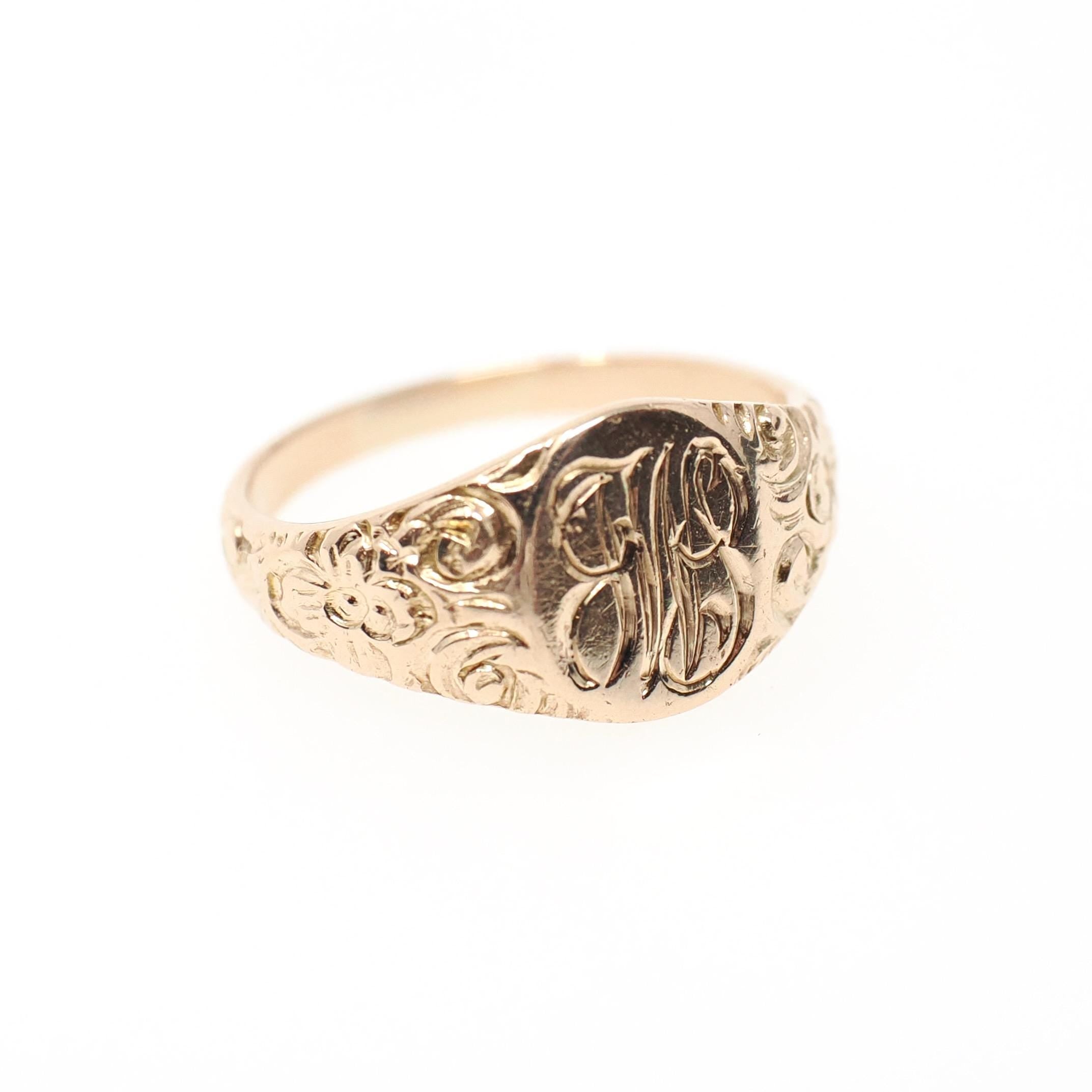 Antique Signet Ring - Edwardian Era 14k Yellow Gold Letters "JWS" Petite Pinky Midi - Vintage Circa 1910s Size 1 Floral Flower Fine Jewelry