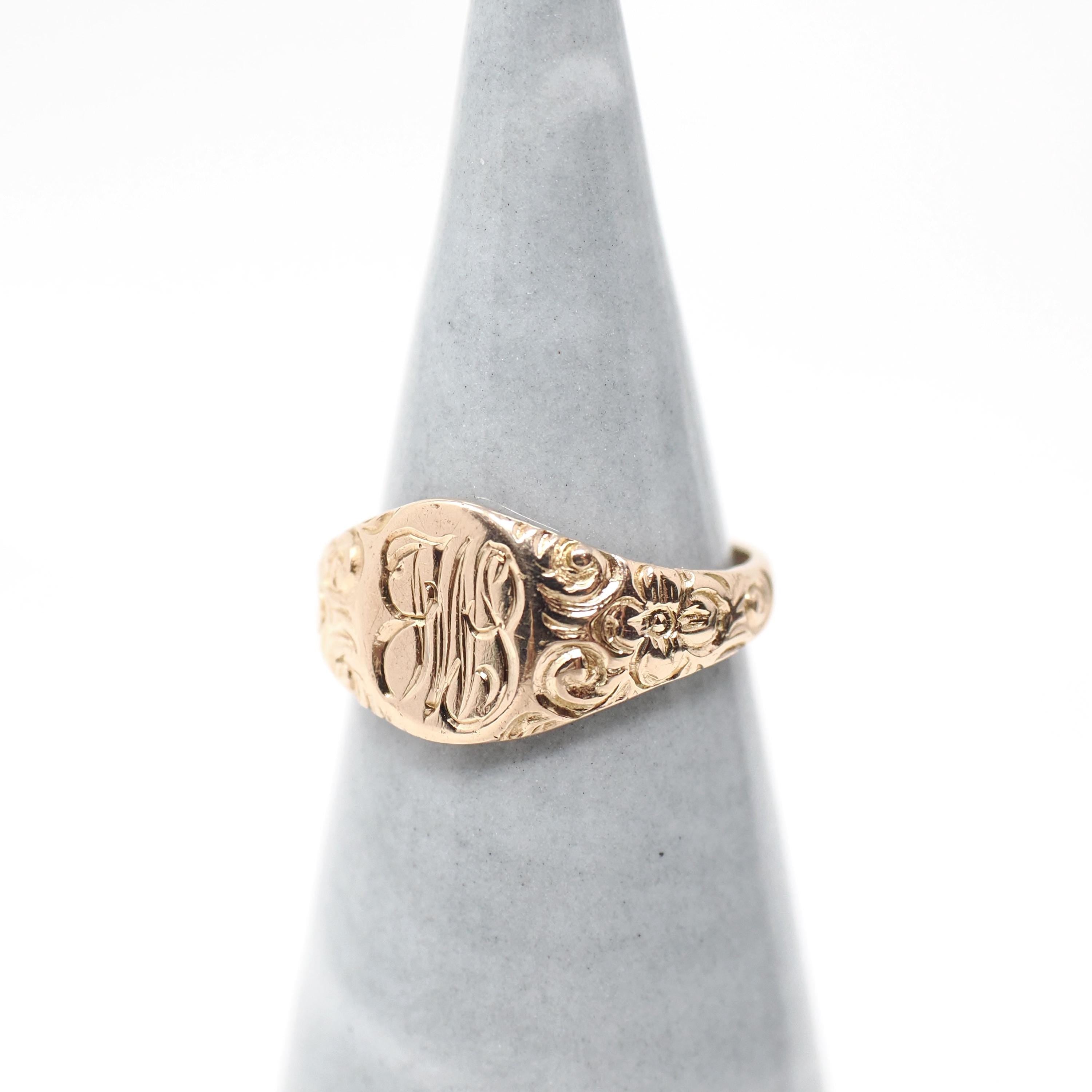 Antique Signet Ring - Edwardian Era 14k Yellow Gold Letters "JWS" Petite Pinky Midi - Vintage Circa 1910s Size 1 Floral Flower Fine Jewelry
