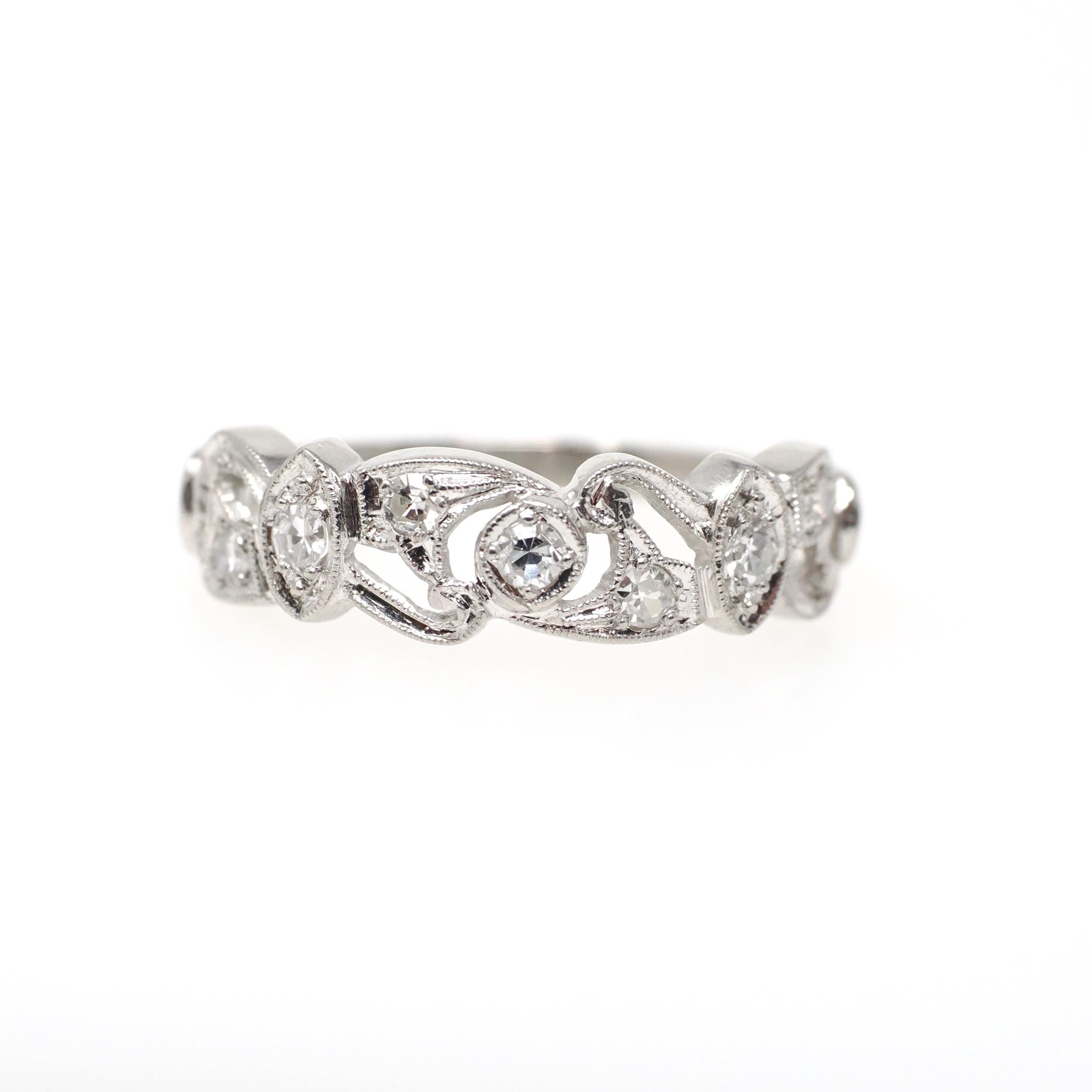 Diamond Wedding Band - Vintage Platinum .25 CTW Open Metal Filigree Design Ring - Mid Century Circa 1950s Era Size 7 1/2 Fine Bridal Jewelry