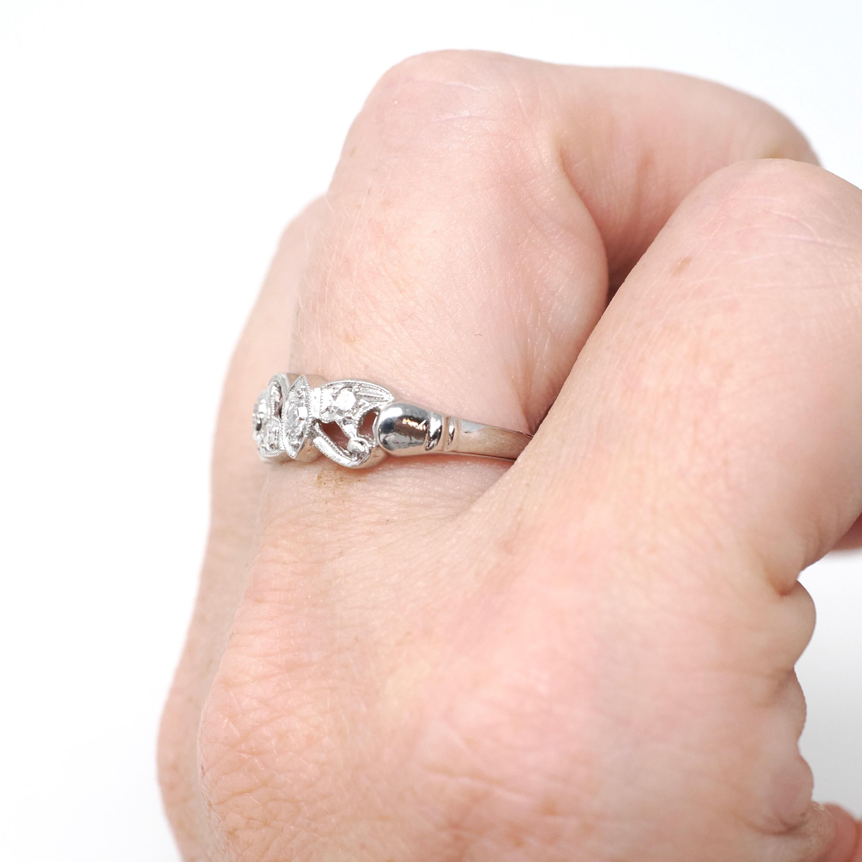 Diamond Wedding Band - Vintage Platinum .25 CTW Open Metal Filigree Design Ring - Mid Century Circa 1950s Era Size 7 1/2 Fine Bridal Jewelry