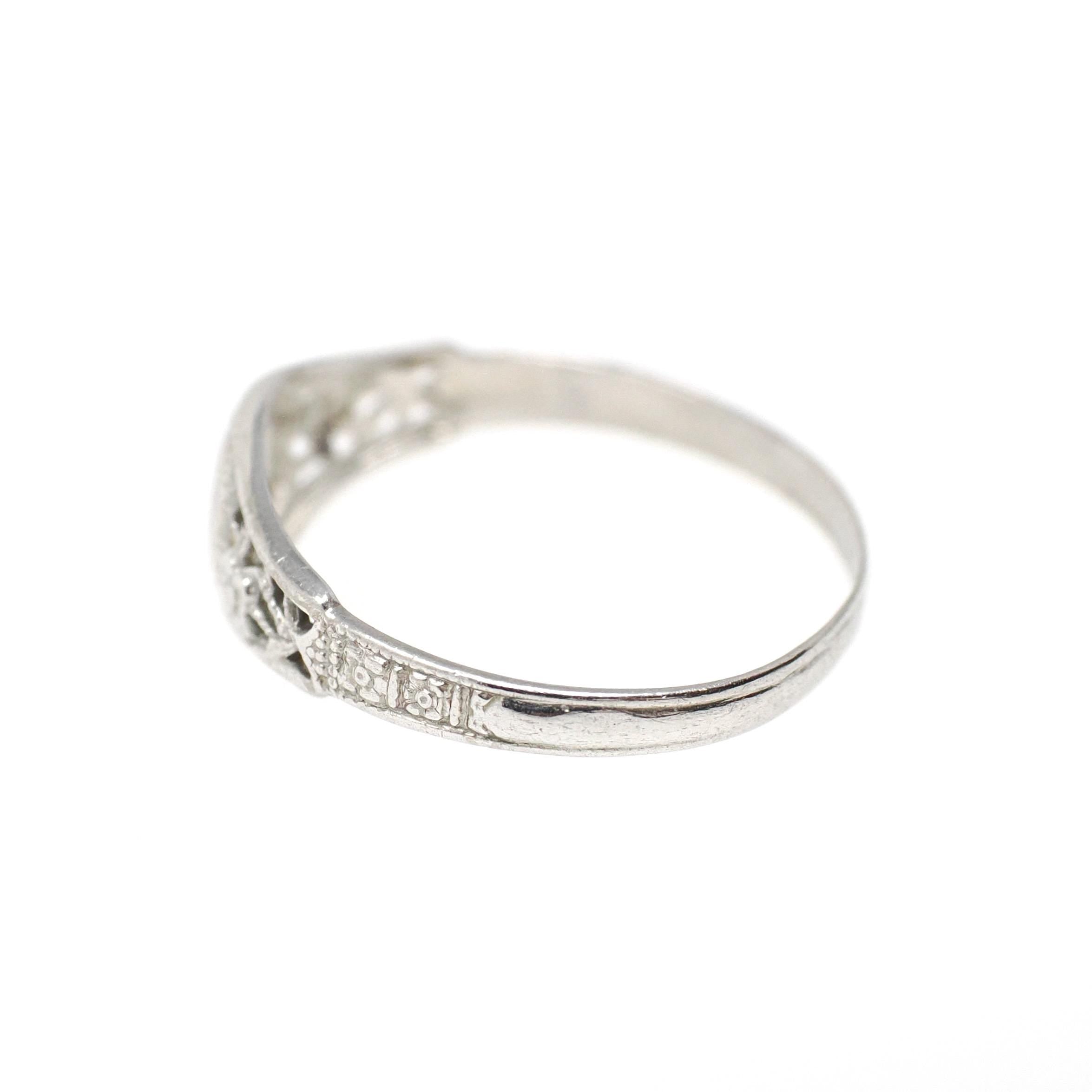 Vintage Baby Ring - Art Deco 14k White Gold Natural Diamond Flower Filigree Midi Band - Circa 1930s Era Size 3 Floral Dainty Fine Jewelry