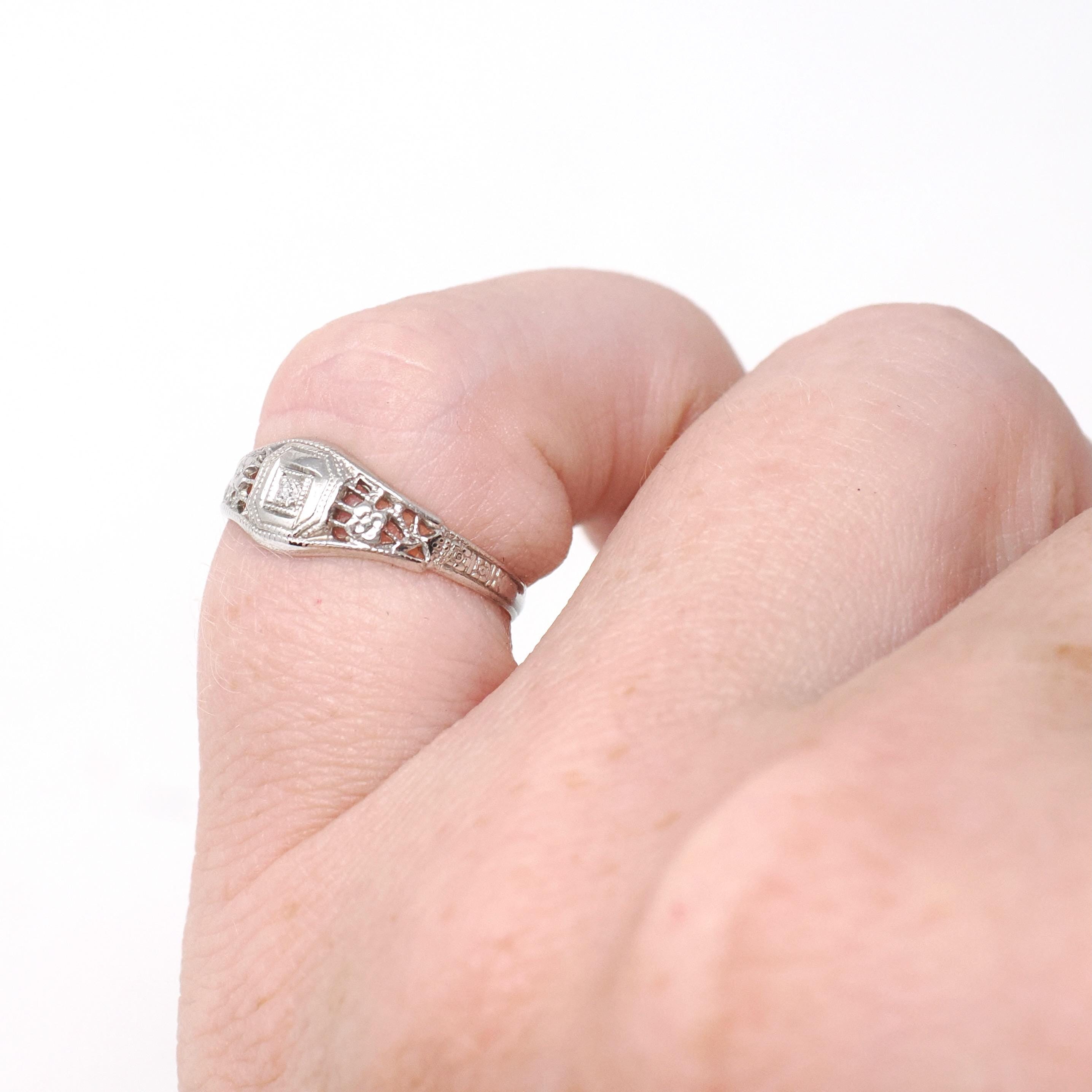 Vintage Baby Ring - Art Deco 14k White Gold Natural Diamond Flower Filigree Midi Band - Circa 1930s Era Size 3 Floral Dainty Fine Jewelry