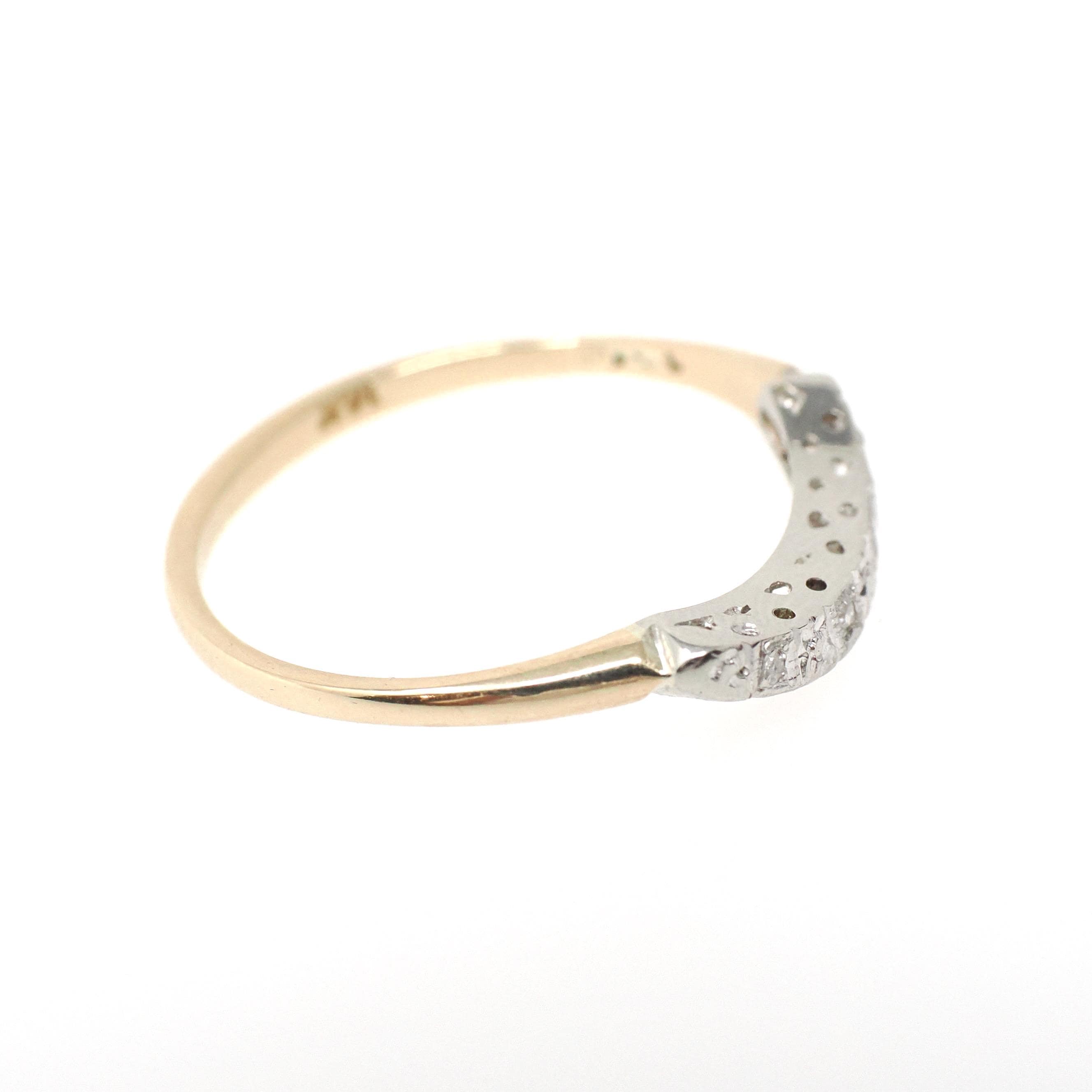 Vintage Diamond Band - Mid Century 14k Yellow & White Gold .02 CTW Curved Ring - 1950s Era Size 7 1/2 Wedding Fine Contour Bridal Jewelry