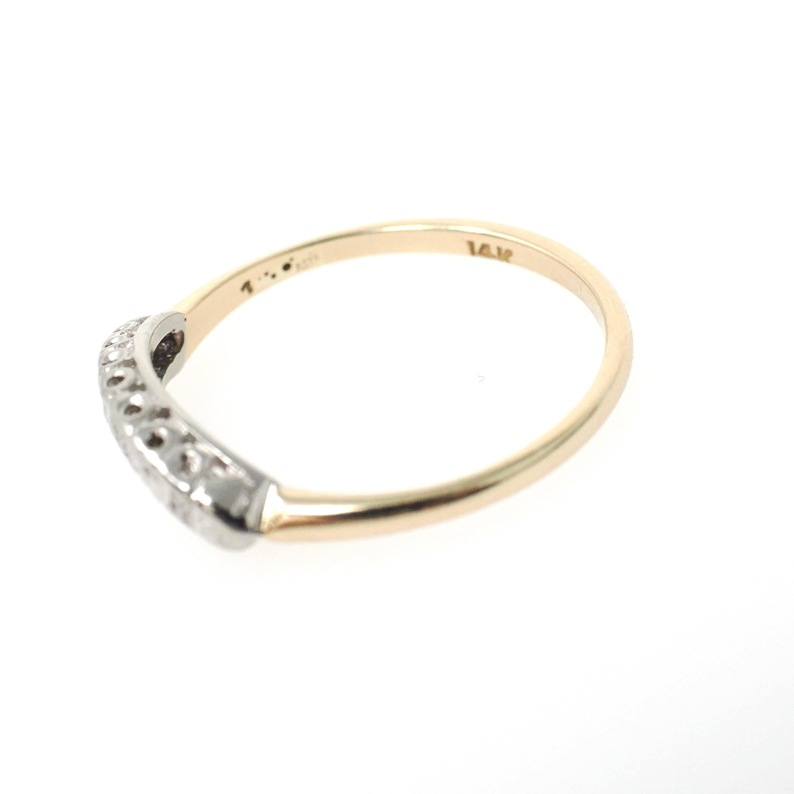 Vintage Diamond Band - Mid Century 14k Yellow & White Gold .02 CTW Curved Ring - 1950s Era Size 7 1/2 Wedding Fine Contour Bridal Jewelry