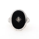 Onyx Filigree Ring - Art Deco Era 14k White Gold Natural Diamond & Black Chalcedony Statement - Vintage Circa 1930s Size 7 1/4 Fine Jewelry