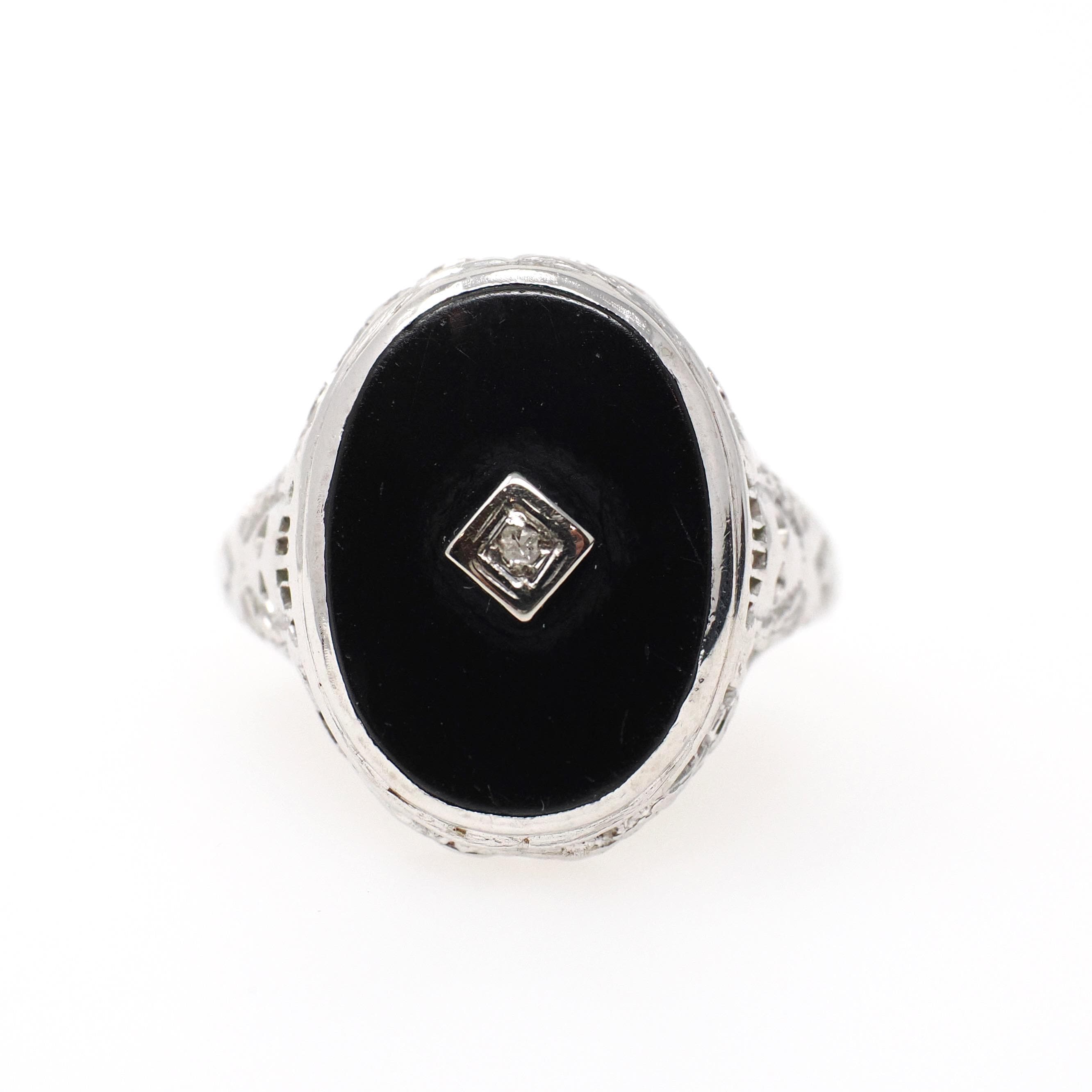 Onyx Filigree Ring - Art Deco Era 14k White Gold Natural Diamond & Black Chalcedony Statement - Vintage Circa 1930s Size 7 1/4 Fine Jewelry