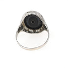 Onyx Filigree Ring - Art Deco Era 14k White Gold Natural Diamond & Black Chalcedony Statement - Vintage Circa 1930s Size 7 1/4 Fine Jewelry