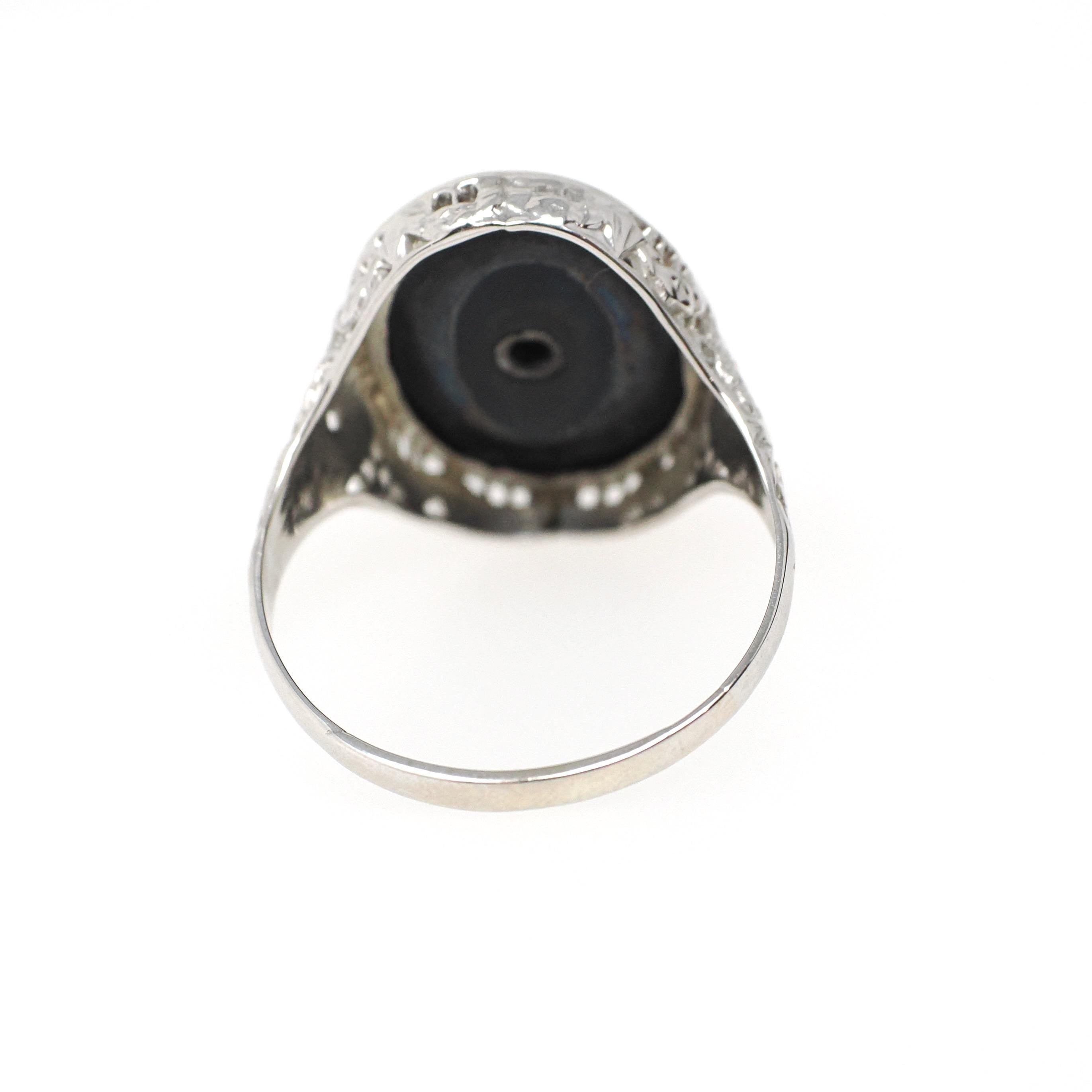 Onyx Filigree Ring - Art Deco Era 14k White Gold Natural Diamond & Black Chalcedony Statement - Vintage Circa 1930s Size 7 1/4 Fine Jewelry