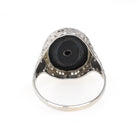 Onyx Filigree Ring - Art Deco Era 14k White Gold Natural Diamond & Black Chalcedony Statement - Vintage Circa 1930s Size 7 1/4 Fine Jewelry