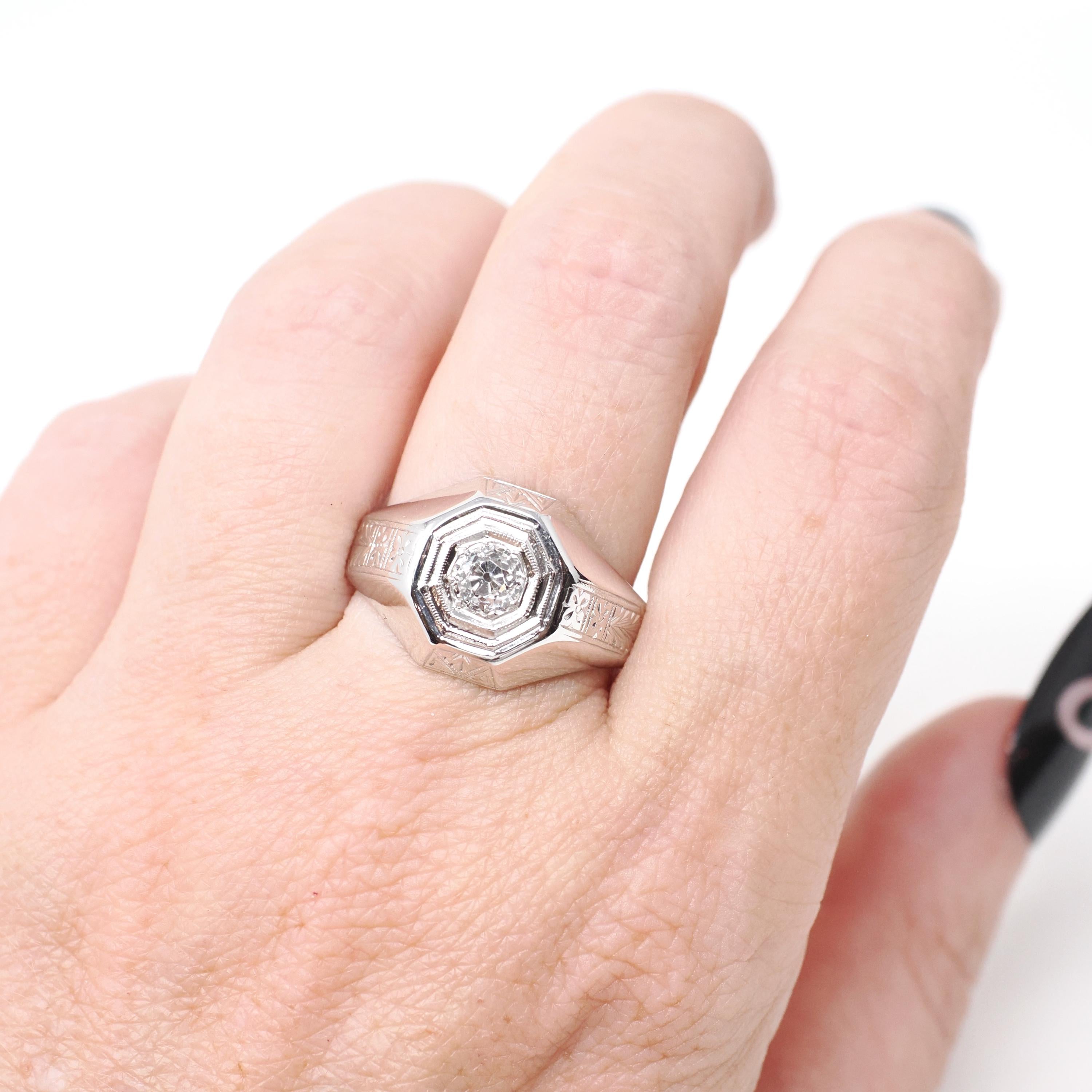 Art Deco Diamond Ring - Vintage 18k White Gold Natural .52 CT Old European Cut Unisex Engagement - Circa 1930s Octagonal Fine Bridal Jewelry