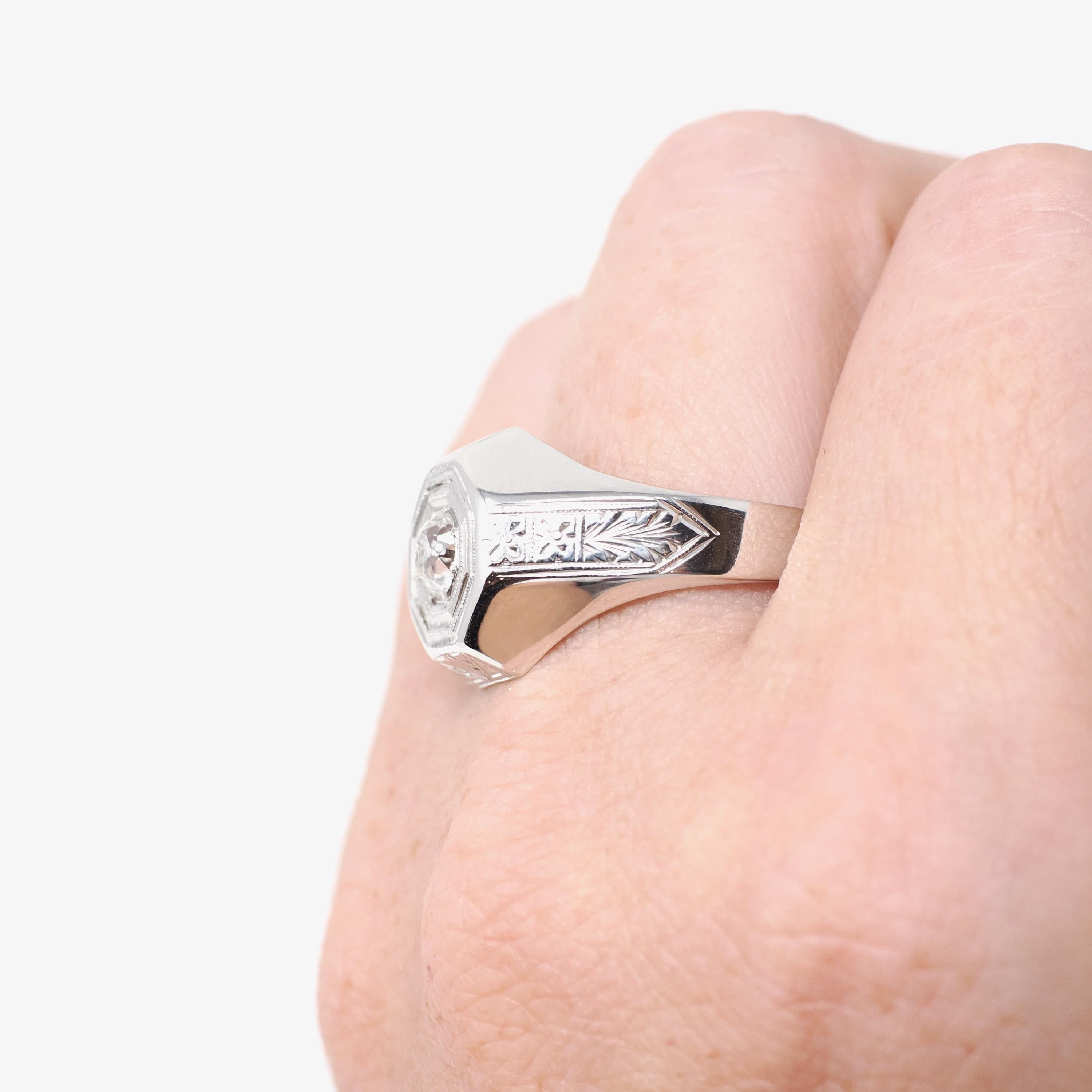 Art Deco Diamond Ring - Vintage 18k White Gold Natural .52 CT Old European Cut Unisex Engagement - Circa 1930s Octagonal Fine Bridal Jewelry