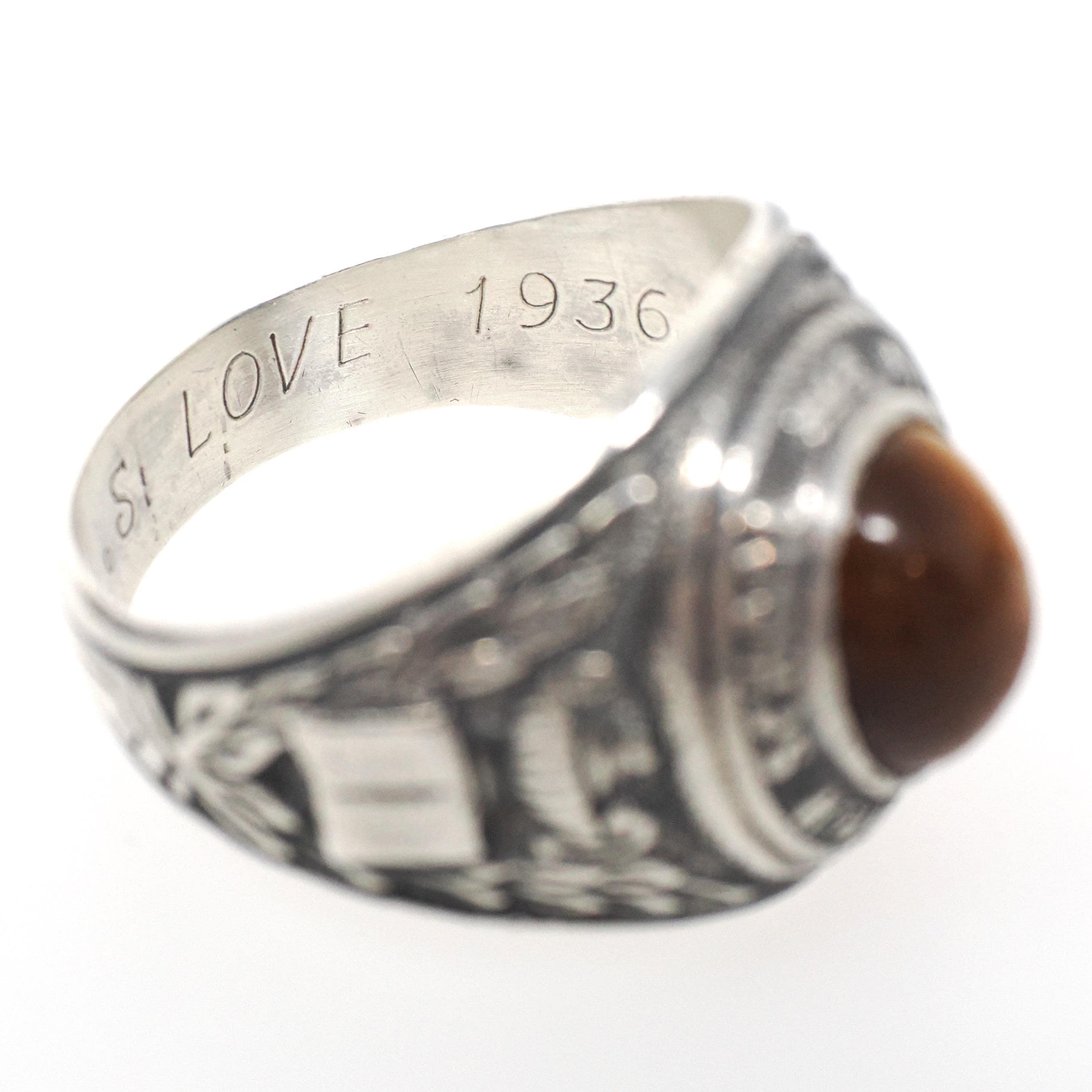 William Penn High School Ring - Art Deco Era Sterling Silver Cabochon Tiger's Eye Gemstone - Vintage Dated 1936 Size 10 1/4 PA Class Jewelry