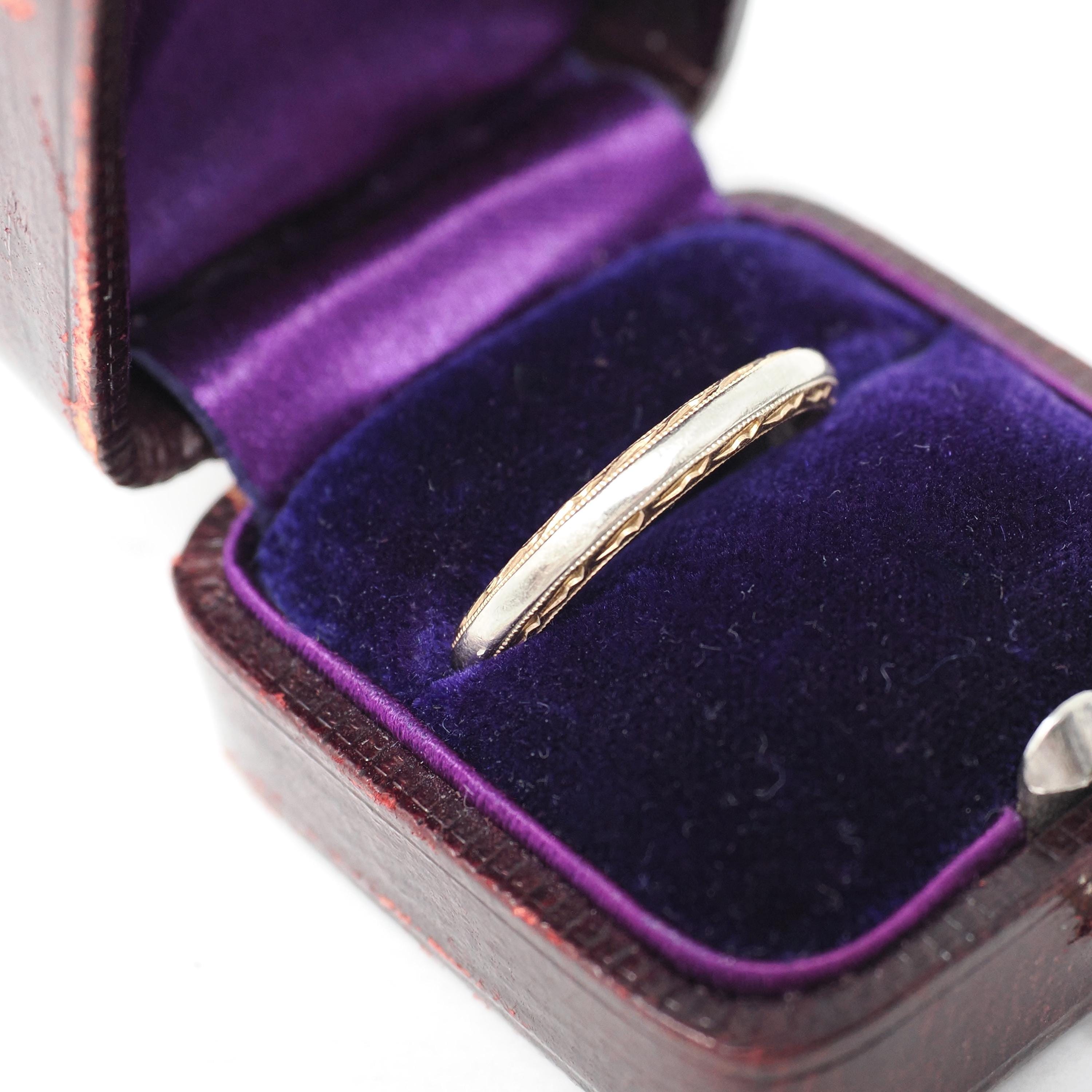 Vintage Wedding Band - Mid Century 14k Yellow & White Gold Two Tone Ring - Circa 1950s Size 7.5 Scallop Design Fine Engraved Bridal Jewelry