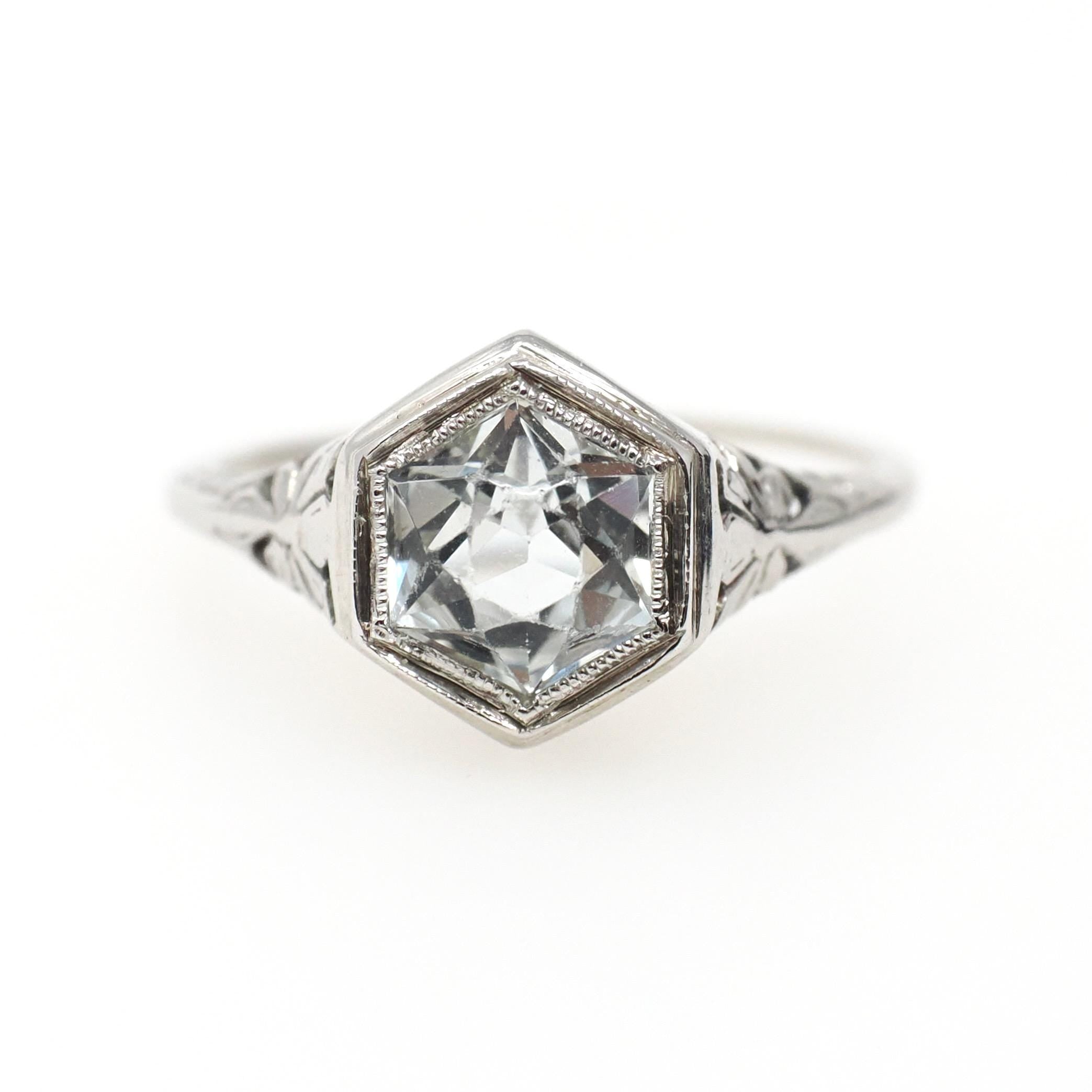 Vintage Aquamarine Ring - Art Deco Era 18k White Gold Natural Blue Hexagonal Gemstone - Vintage Circa 1930s Size 5 3/4 Filigree Fine Jewelry