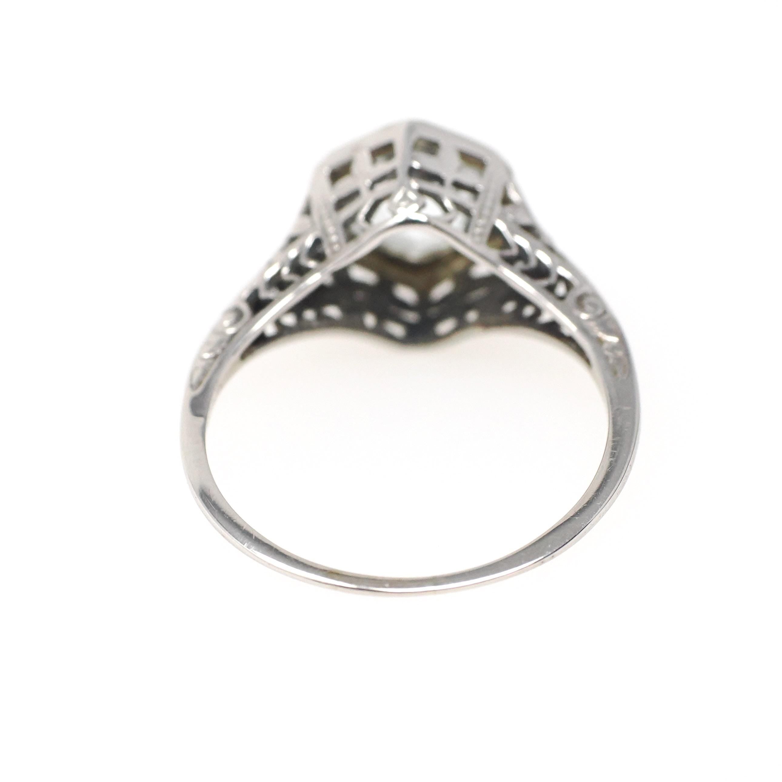 Vintage Aquamarine Ring - Art Deco Era 18k White Gold Natural Blue Hexagonal Gemstone - Vintage Circa 1930s Size 5 3/4 Filigree Fine Jewelry