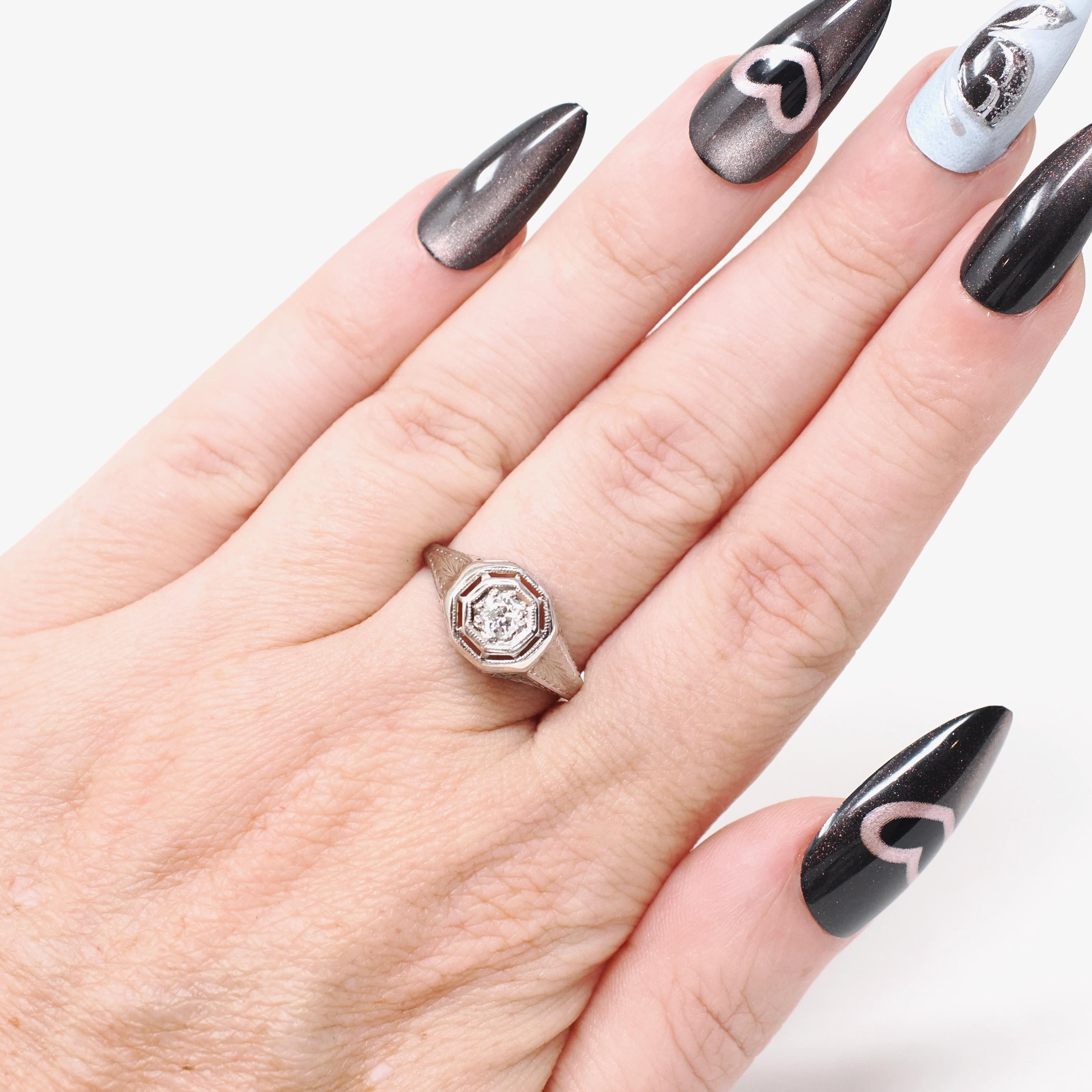 Art Deco Diamond Ring - Vintage 14k White Gold Natural .17 CT Octagon Engagement Solitaire - Circa 1930s Size 6 Floral Filigree Fine Jewelry