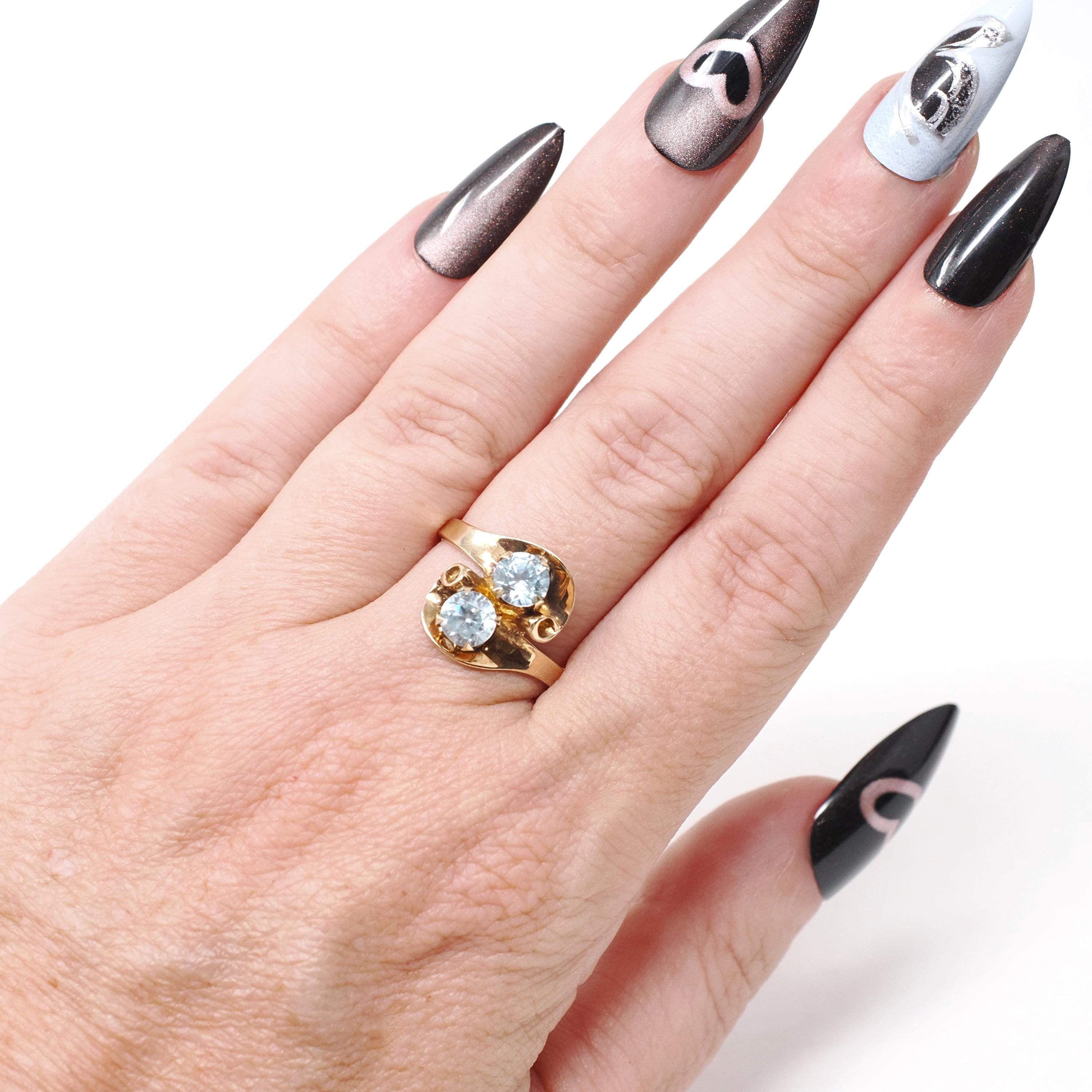 Vintage Zircon Ring - Retro 10k Yellow Gold Round Faceted Natural Blue Gems - Circa 1940s Era Size 7 Toi Et Moi Ostby & Barton Fine Jewelry