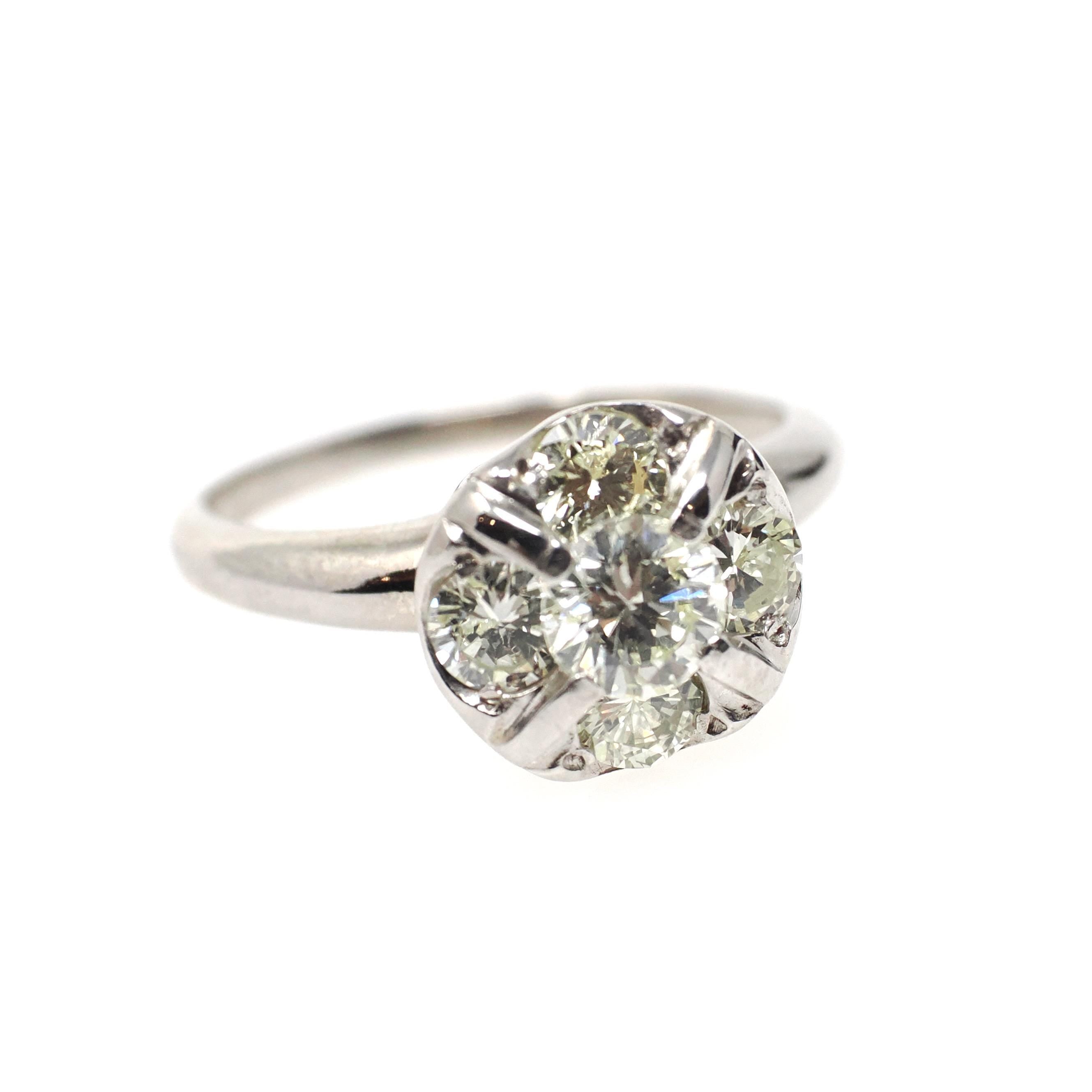 Vintage Diamond Ring - Mid Century 10k White Gold Natural 1.03 CTW Cluster Halo - Circa 1950s Era Size 5 1/2 Engagement Fine Bridal Jewelry