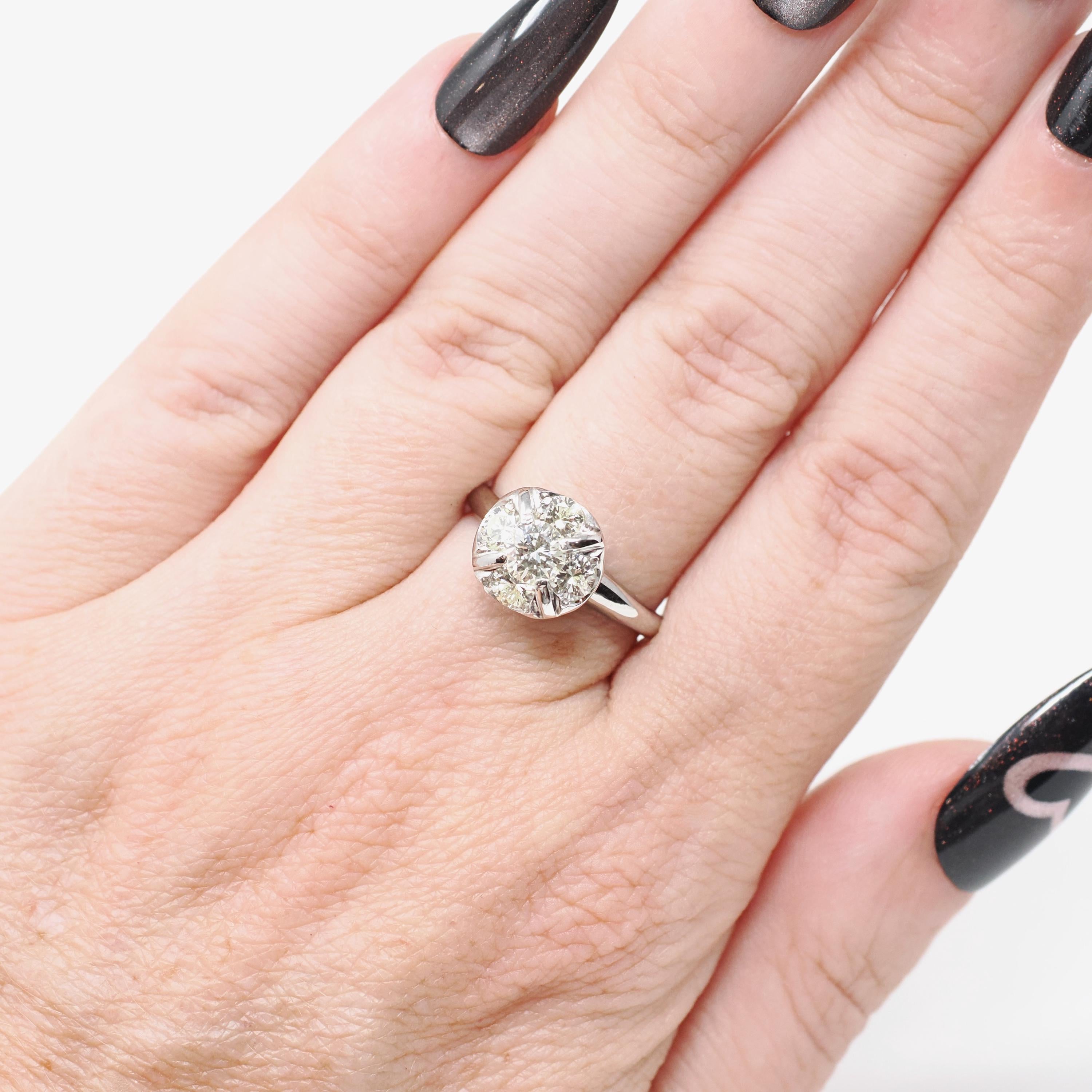 Vintage Diamond Ring - Mid Century 10k White Gold Natural 1.03 CTW Cluster Halo - Circa 1950s Era Size 5 1/2 Engagement Fine Bridal Jewelry